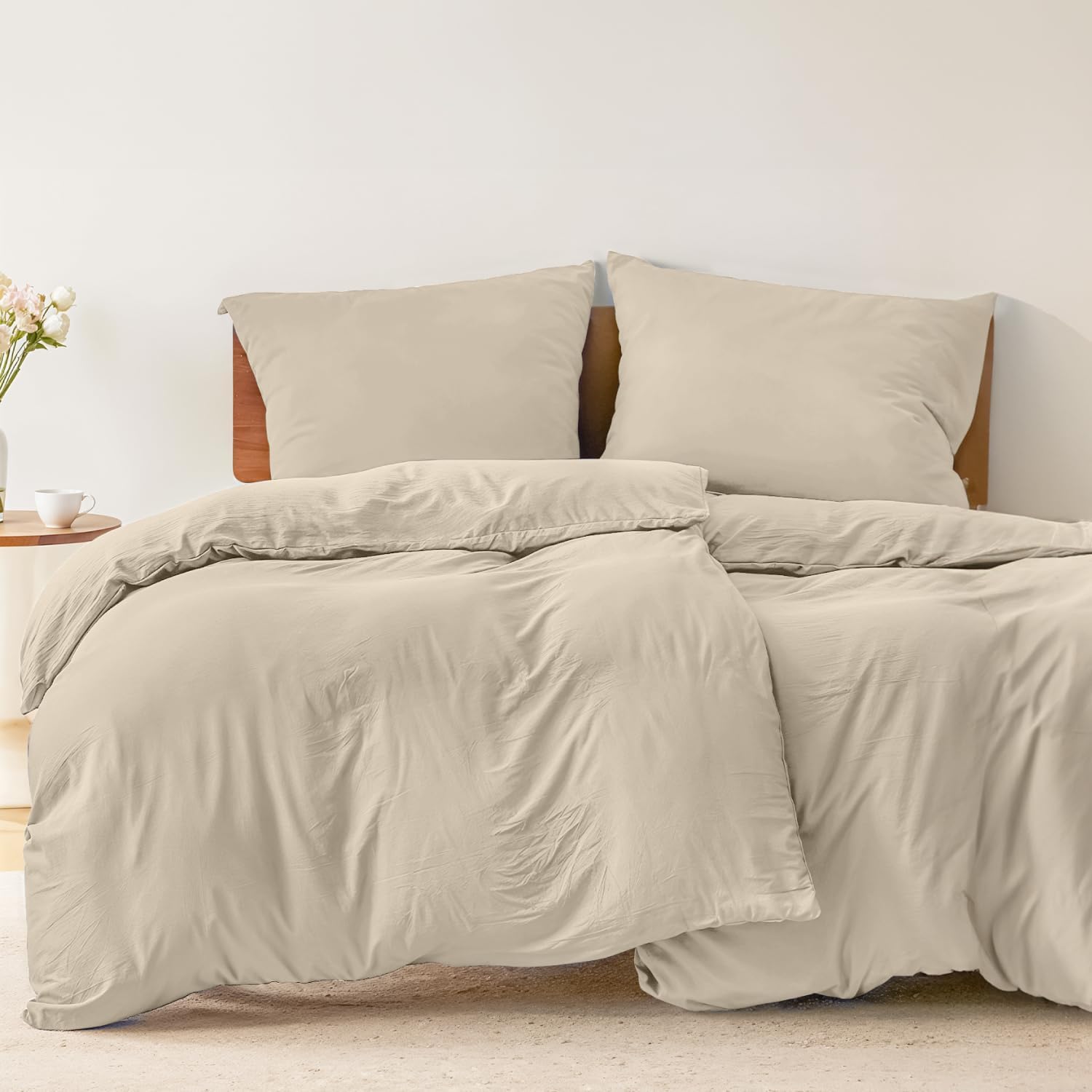 Detalle de Dreamzie Bettwäsche-Set 135x200 cm (4-teilig) Beige – Mikrofaser mit 2 Kissenbezügen 80x80