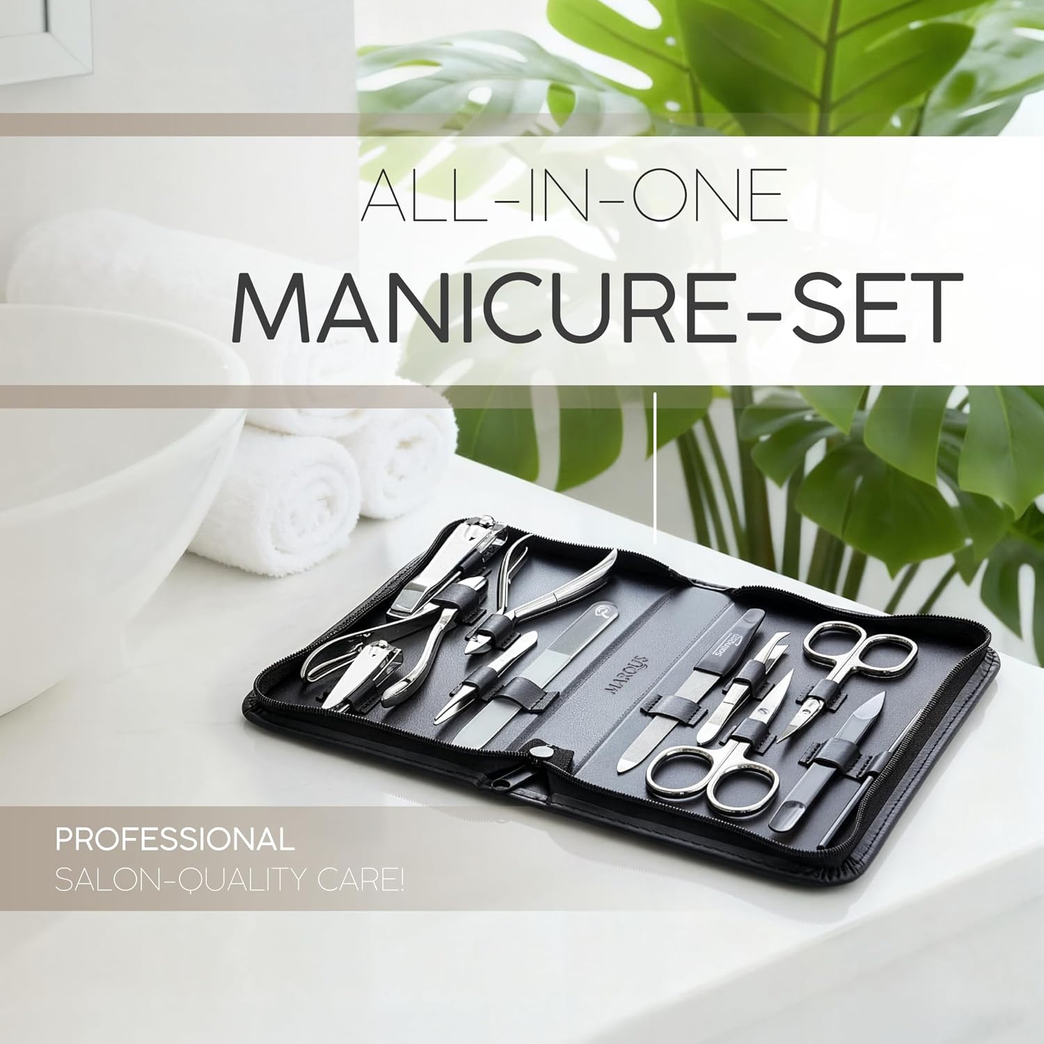 Detalle de Solingen 12-Piece Manicure Set for Women and Men – German-Made, Leather Case, Travel-Ready