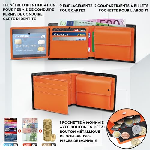 Detalle de TEEHON Portefeuille Homme en Cuir Véritable RFID – Portefeuille mince tri-fold avec 10 cartes, 2 compartiments billets et porte-clés, noir/orange