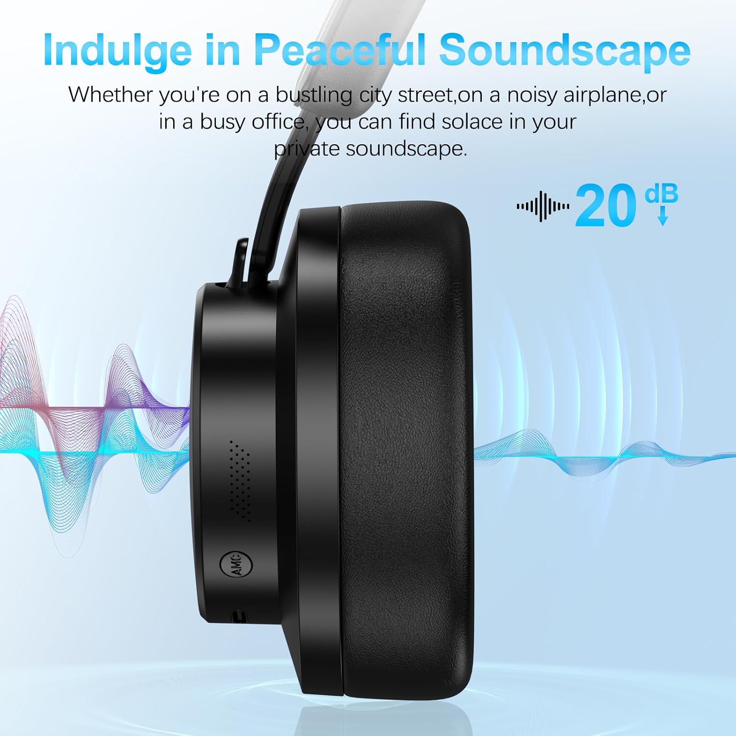 Detalle de Noise Cancelling Wireless Bluetooth Over-Ear Headphones with Microphone (Black) – 65h Playtime