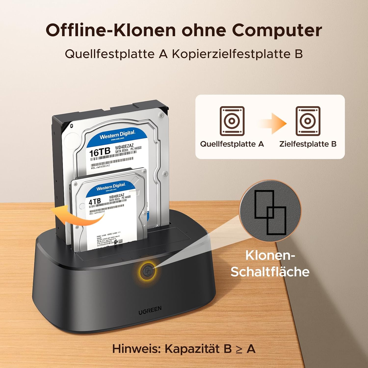 Detalle de UGREEN Festplatten Dockingstation USB 3.0 – Dual Bay mit Offline-Klonen, 2,5''/3,5'' SATA HDD/SSD