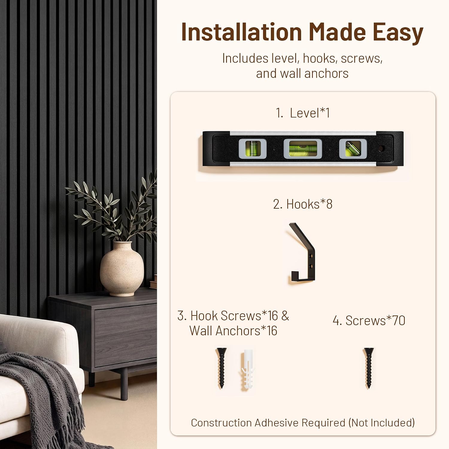 Detalle 2 de Amsleekey 4-Pack Acoustic Wood Slat Wall Panels, 94.5 x 12.6 Inches, Black
