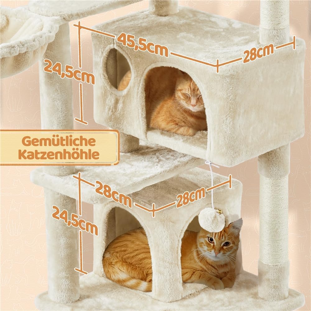 Detalle 2 de Yaheetech Kratzbaum 145 cm mit 2 Katzenhöhlen und 3 Aussichtsplattformen (beige)