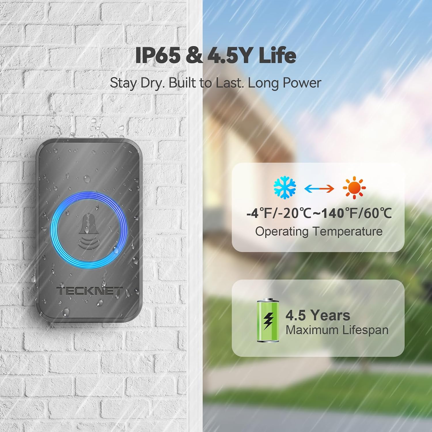 Detalle de TECKNET Wireless Doorbell 600m IP65