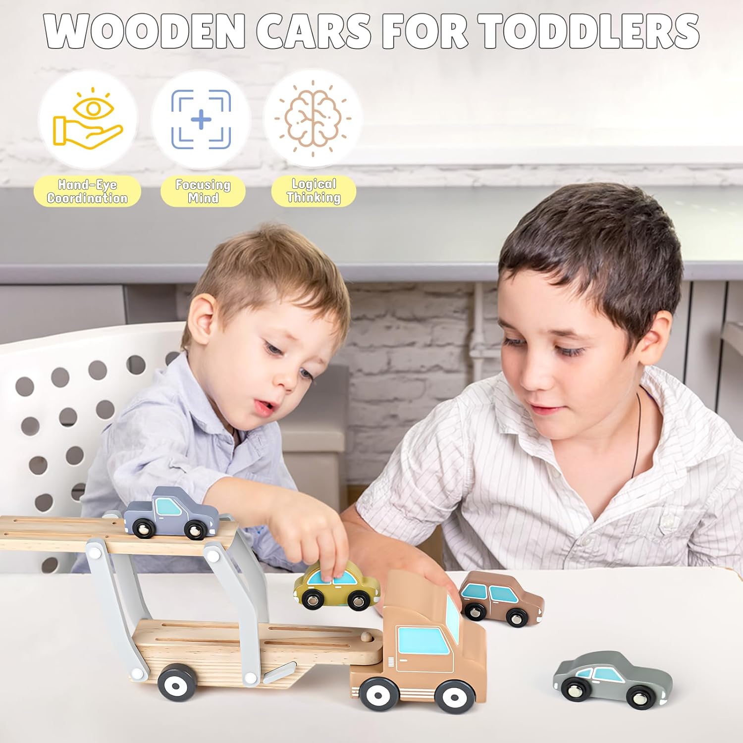 Thumbnail 3 de Wooden Toys Car Transporter Toy with 4 Cars – A durable wooden set for toddlers