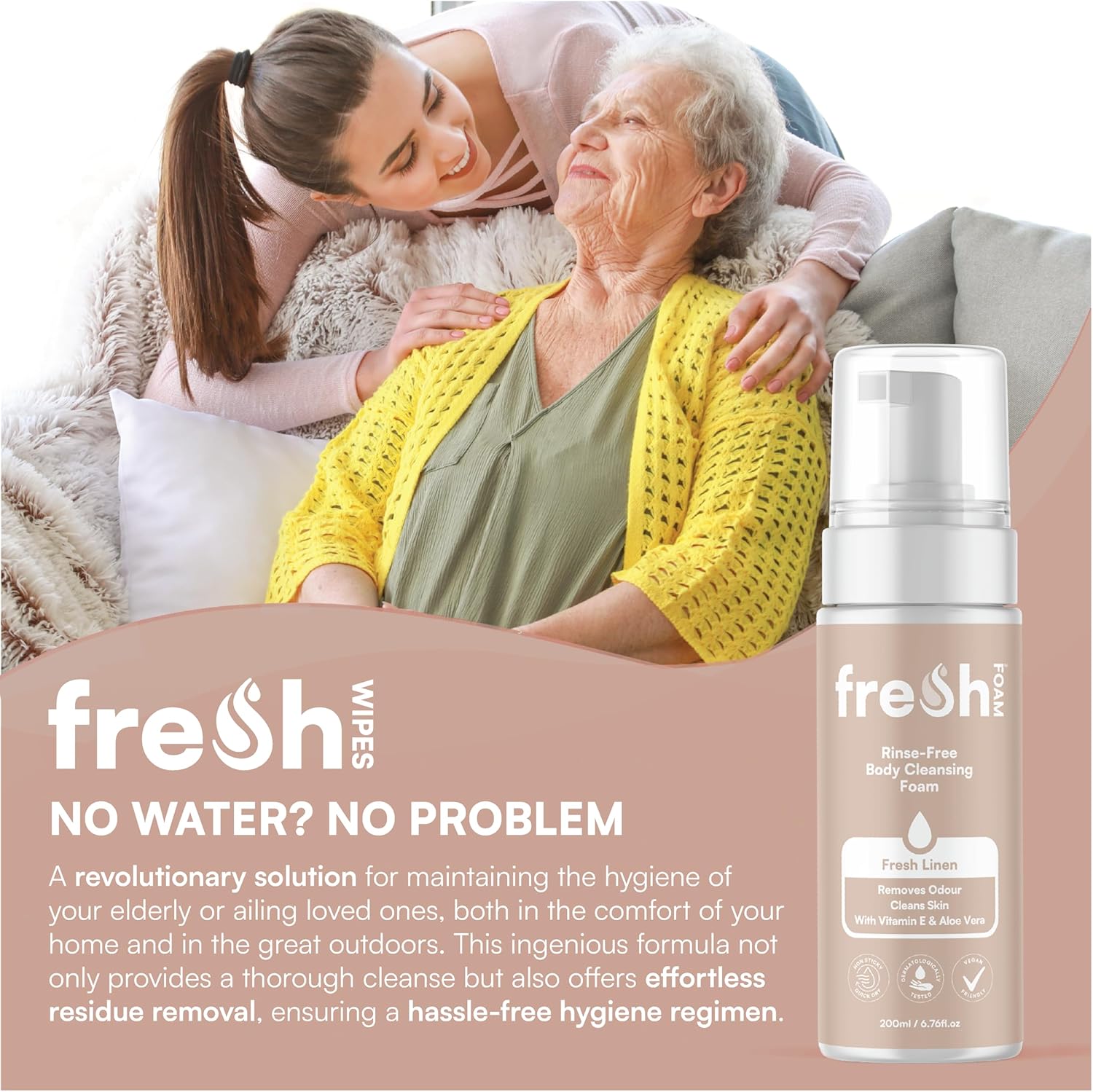 Detalle 2 de FreshWipes Rinse Free Foaming Body Wash 200ml – Gentle, Odour-Eliminating & Waterless Cleanse for Sensitive Skin