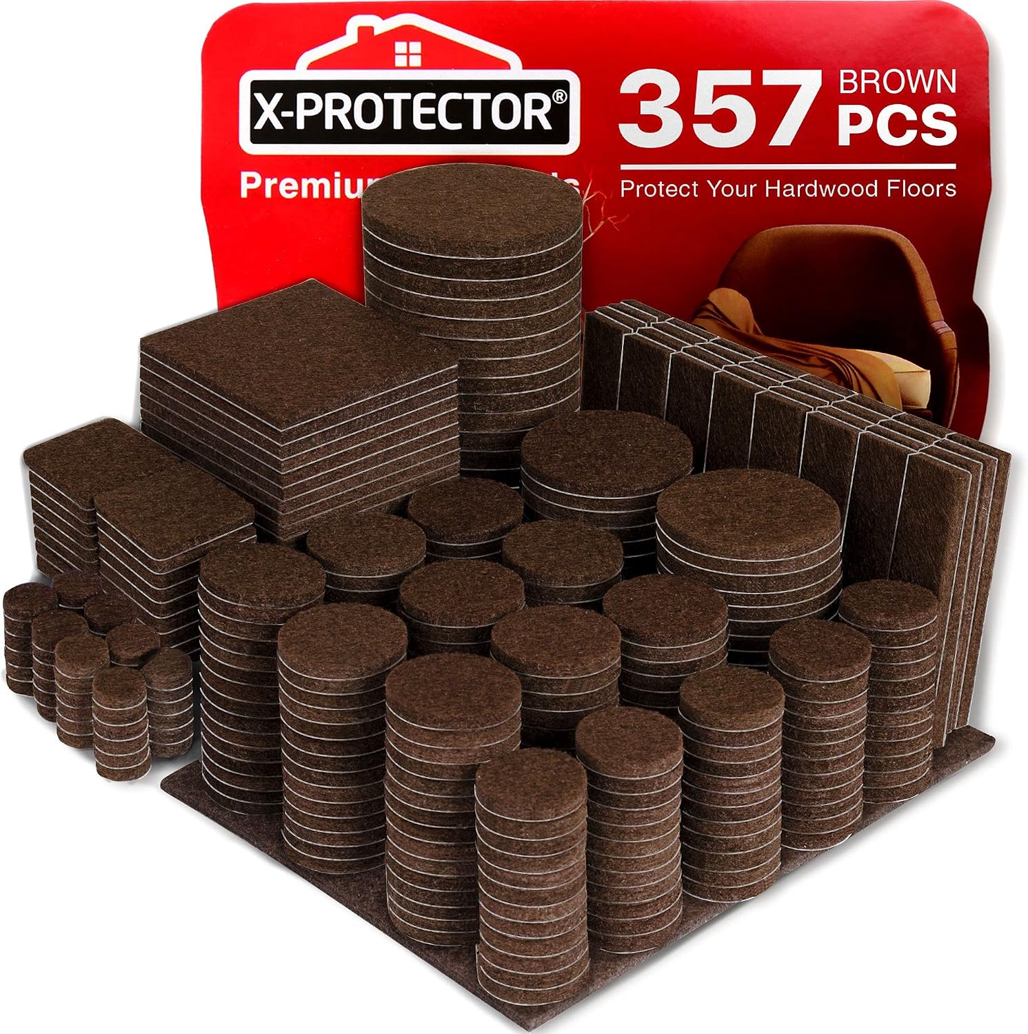 Detalle de X-Protector 357-Piece Brown Felt Furniture Pads, Self-Adhesive Assortment