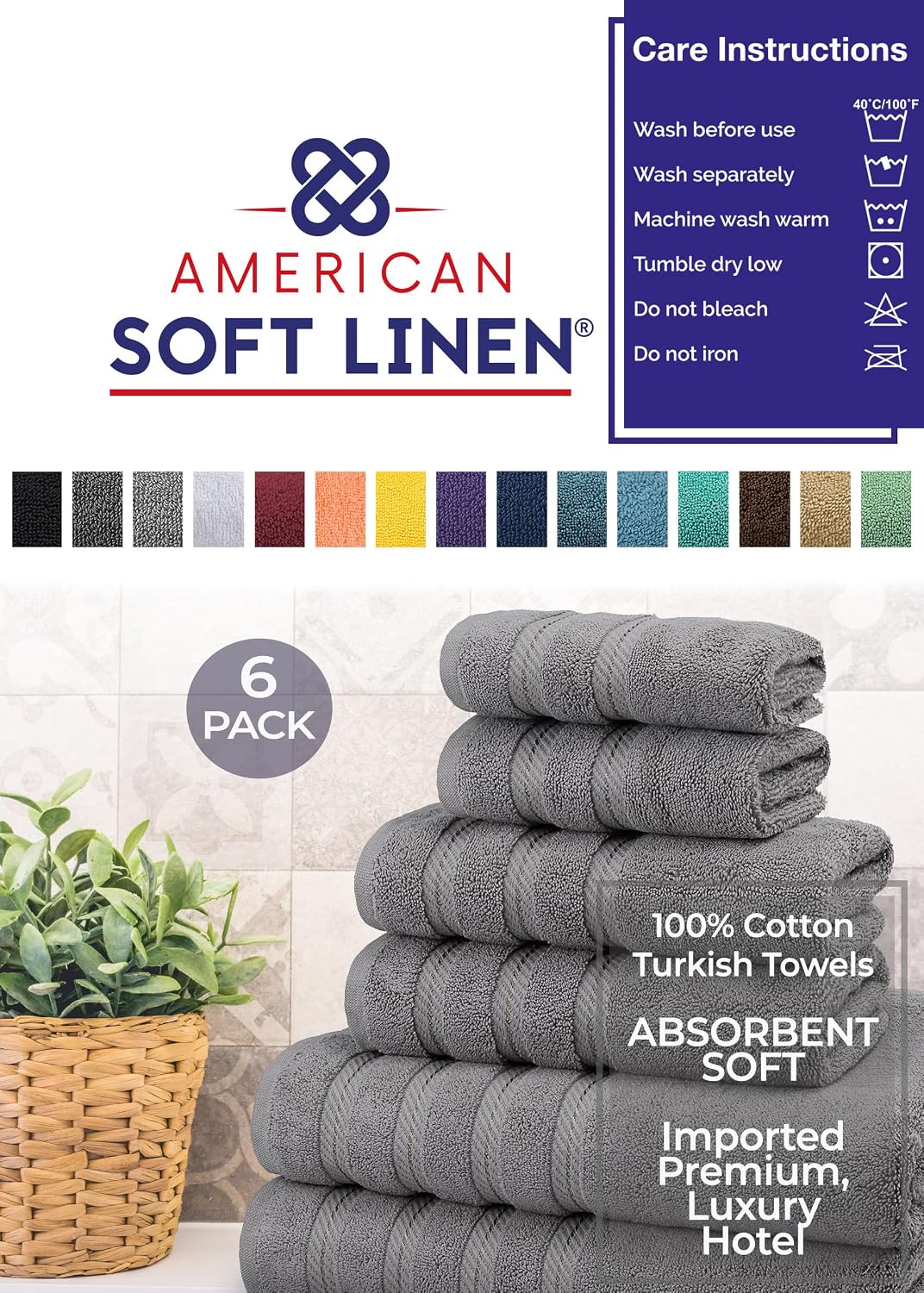 Detalle de American Soft Linen – jasnoszary zestaw 6 ręczników z tureckiej bawełny