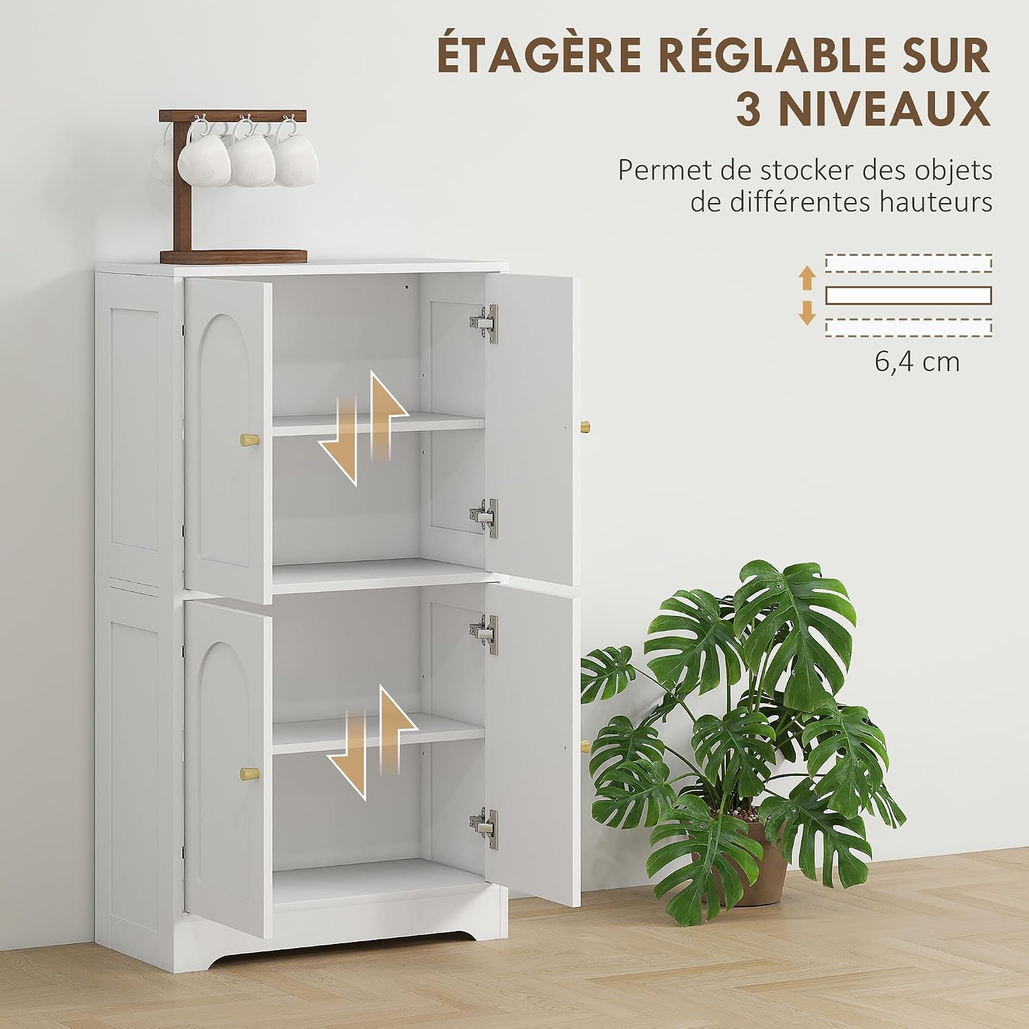Detalle de HOMCOM Buffet cuisine moderne avec 4 portes cintrées et étagères réglables, blanc 60 x 30 x 110 cm