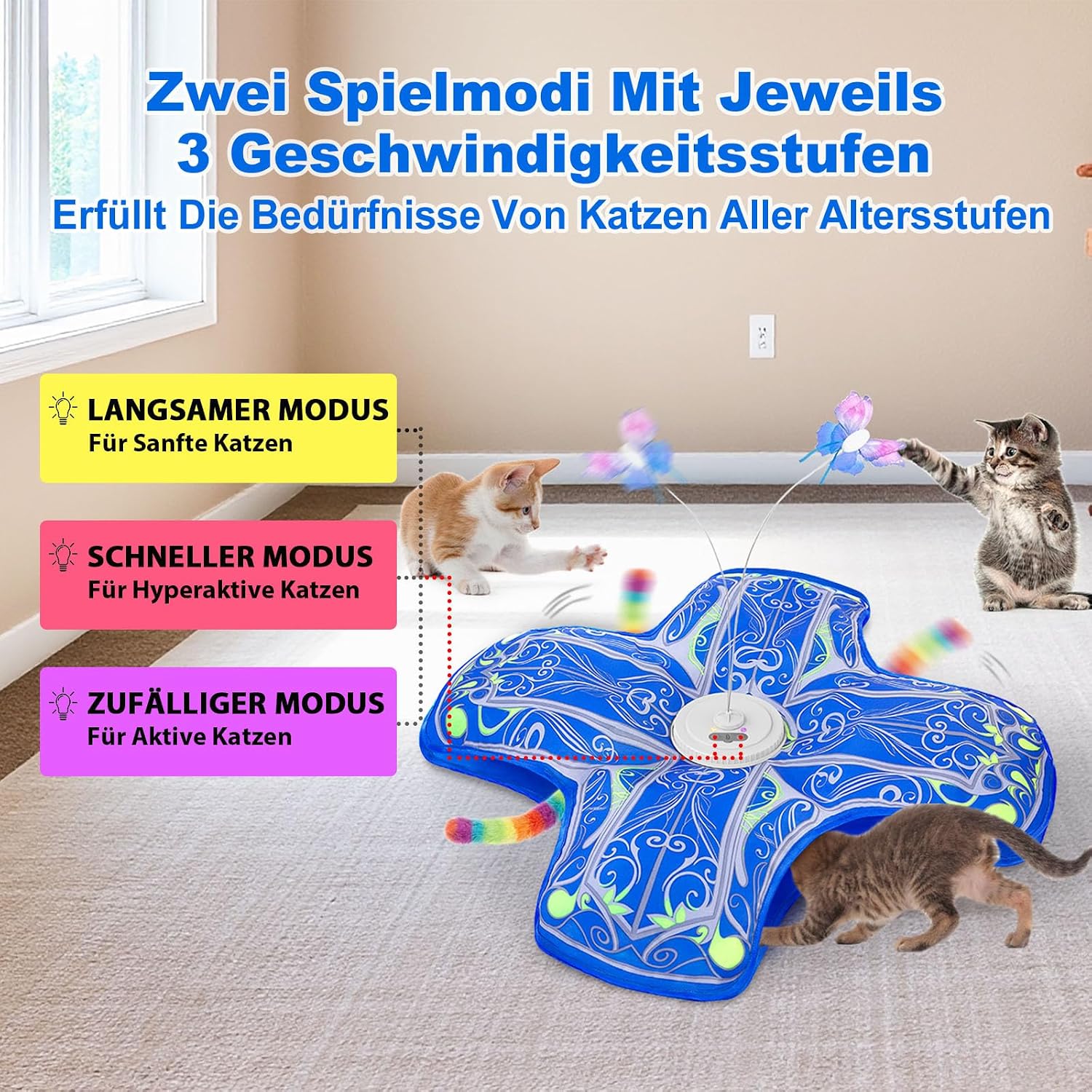 Thumbnail 3 de Qraxond interaktives Katzenspielzeug für Wohnungskatzen – wiederaufladbares Versteckspiel mit flatterndem Spielzeug (Blau)