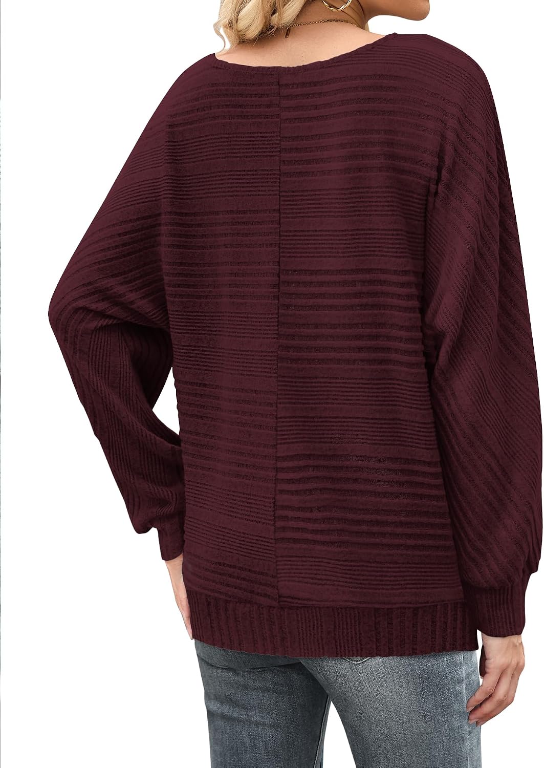 Detalle de WNEEDU Women's Ribbed Tunic Sweater with Long Sleeves and Batwing Cut