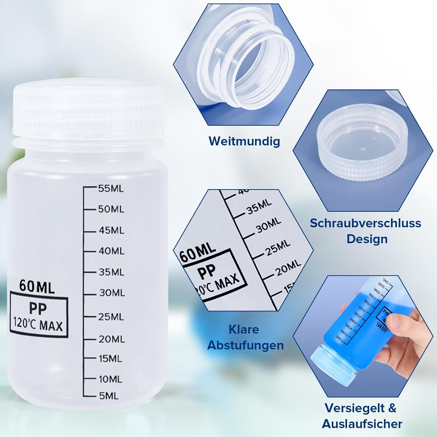 Thumbnail 3 de Mispudin 10er Set Weithalsflaschen mit Skalierung, 60 ml – Laborflaschen aus Kunststoff mit Trichter, Etiketten & Pinsel