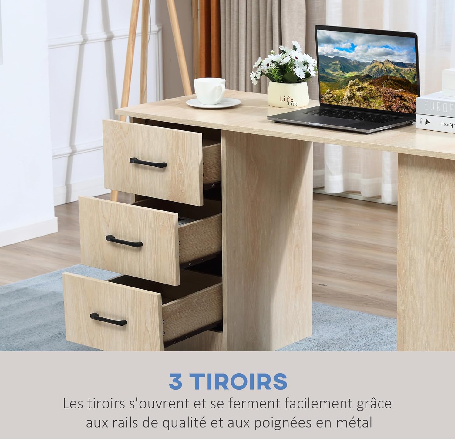 Thumbnail 4 de HOMCOM Bureau d'ordinateur 120x49x72 cm avec 3 tiroirs et 3 étagères – rangement réversible en MDF bois naturel