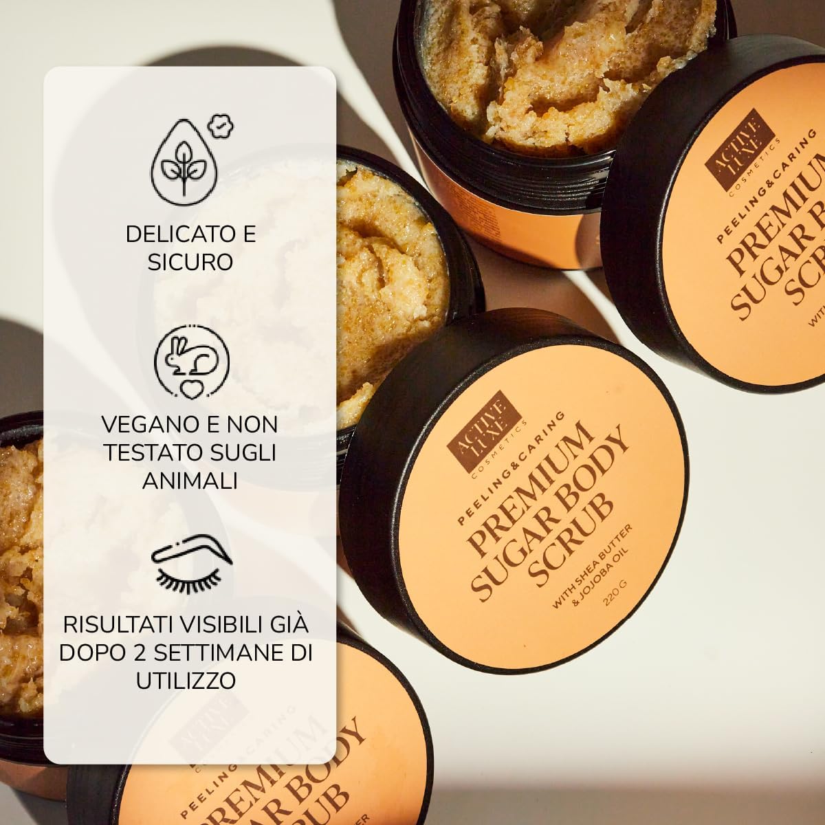 Detalle de Active Luxe Premium Sugar Scrub: Scrub Corpo esfoliante al profumo di cioccolato & arancia, 220 g