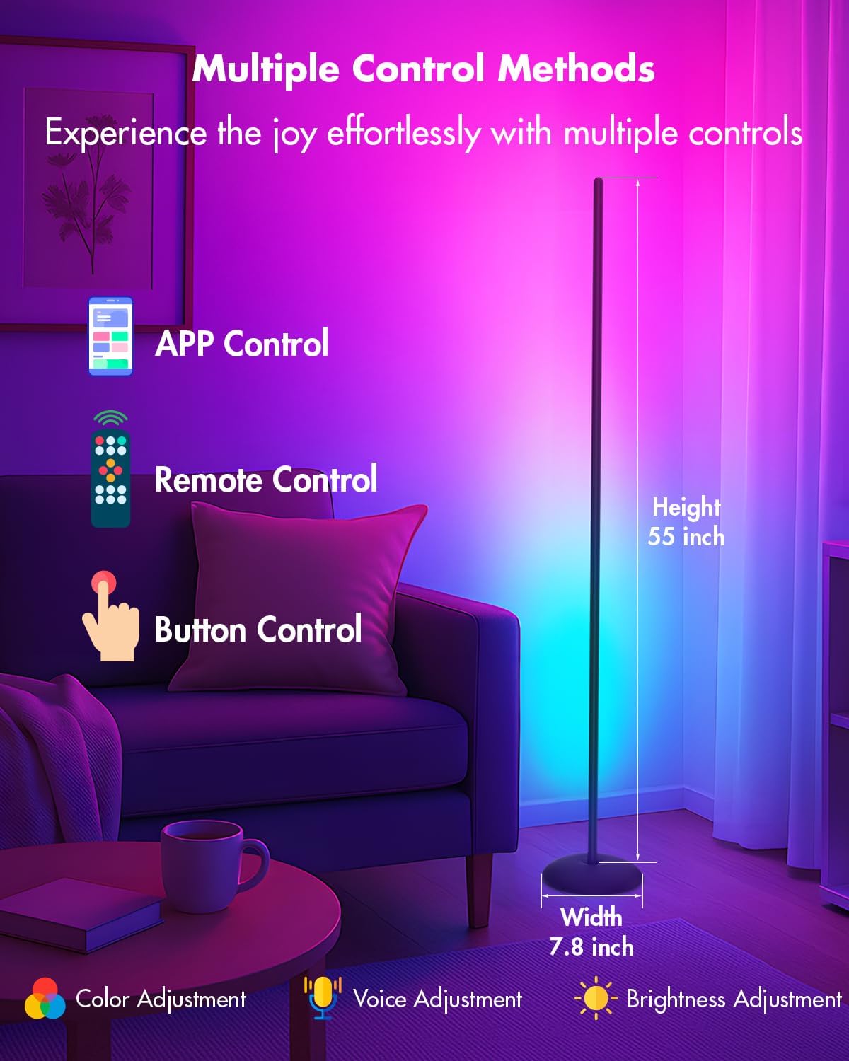Detalle de Vexinat HC601 Smart RGB LED Corner Floor Lamp with App, Remote and Music Sync