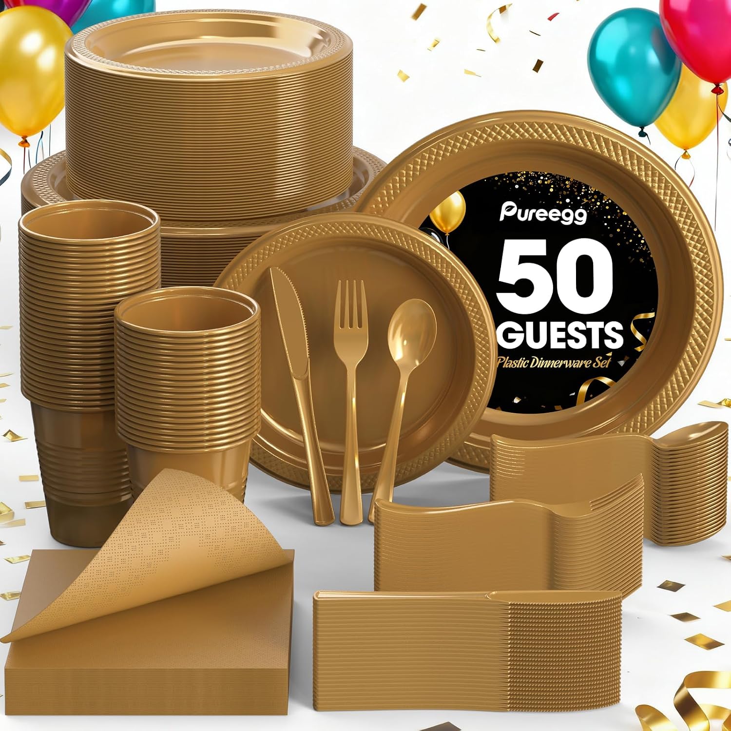 Detalle 1 de Pureegg US.PEP0PZ002 Gold Disposable Dinnerware Set, 350 Pieces for 50 Guests