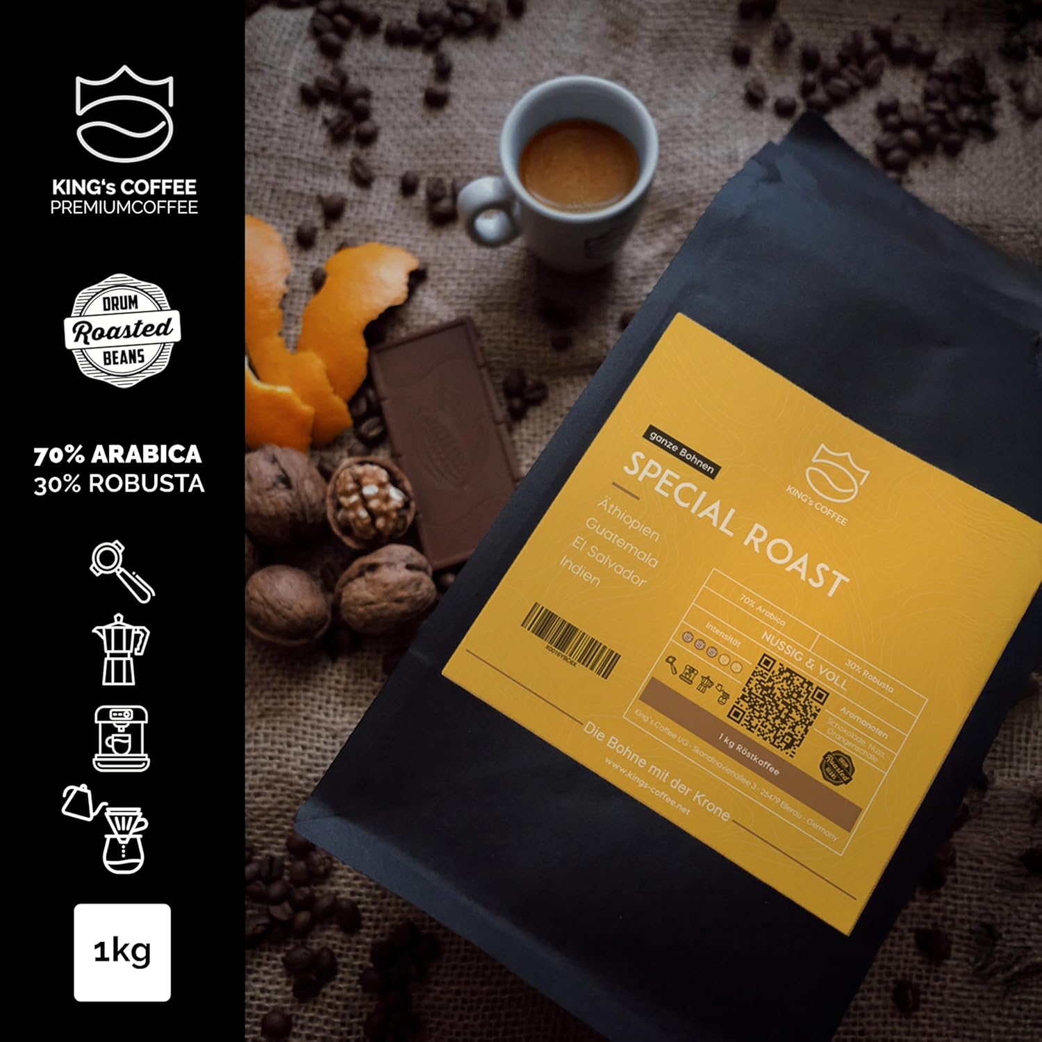 Detalle de KING'S COFFEE SPECIAL ROAST – 1 kg Premium Barista Espressobohnen – säurearm, italienische Trommelröstung, Arabica-Robusta Blend