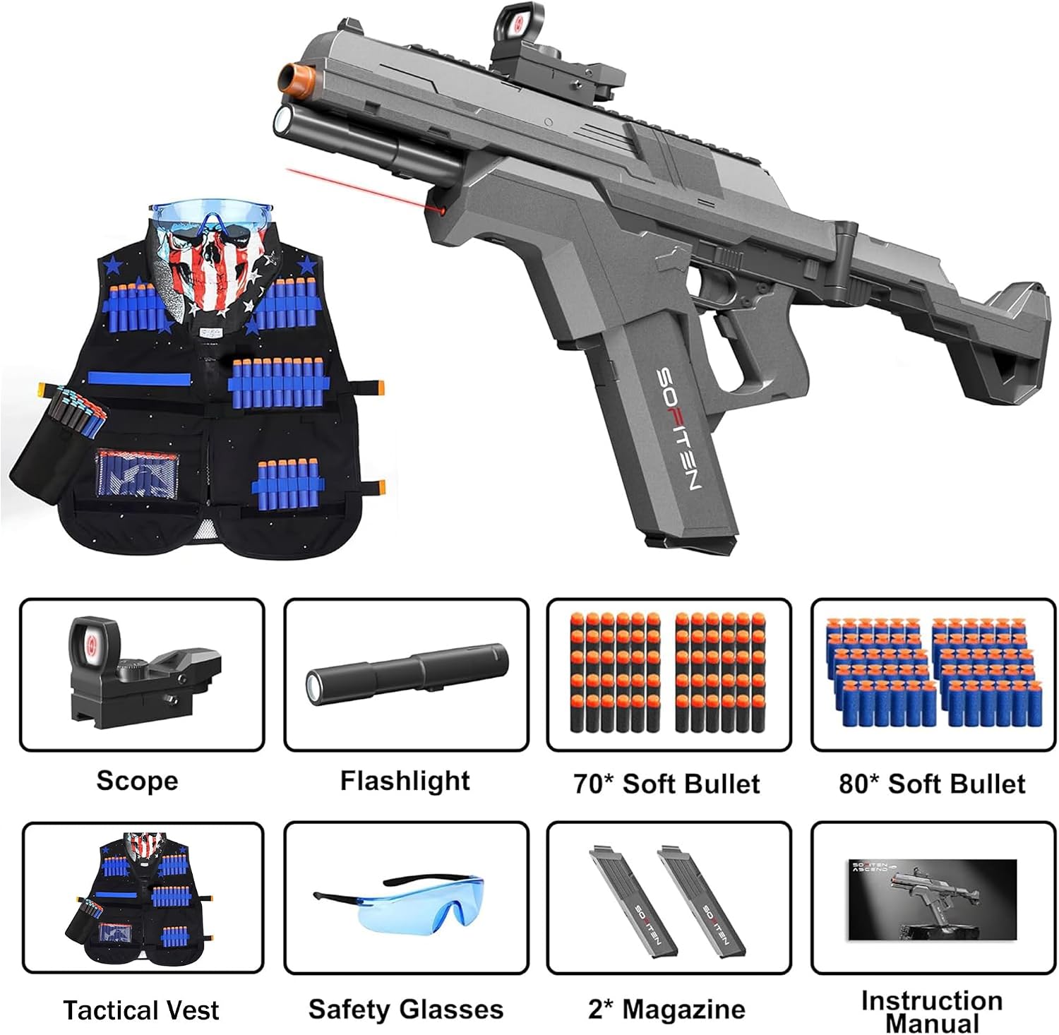 Thumbnail 6 de Sofiten Automatic Sniper Rifle Foam Blaster Toy Set with Tactical Vest, 150 IR Darts, Goggles & Mask