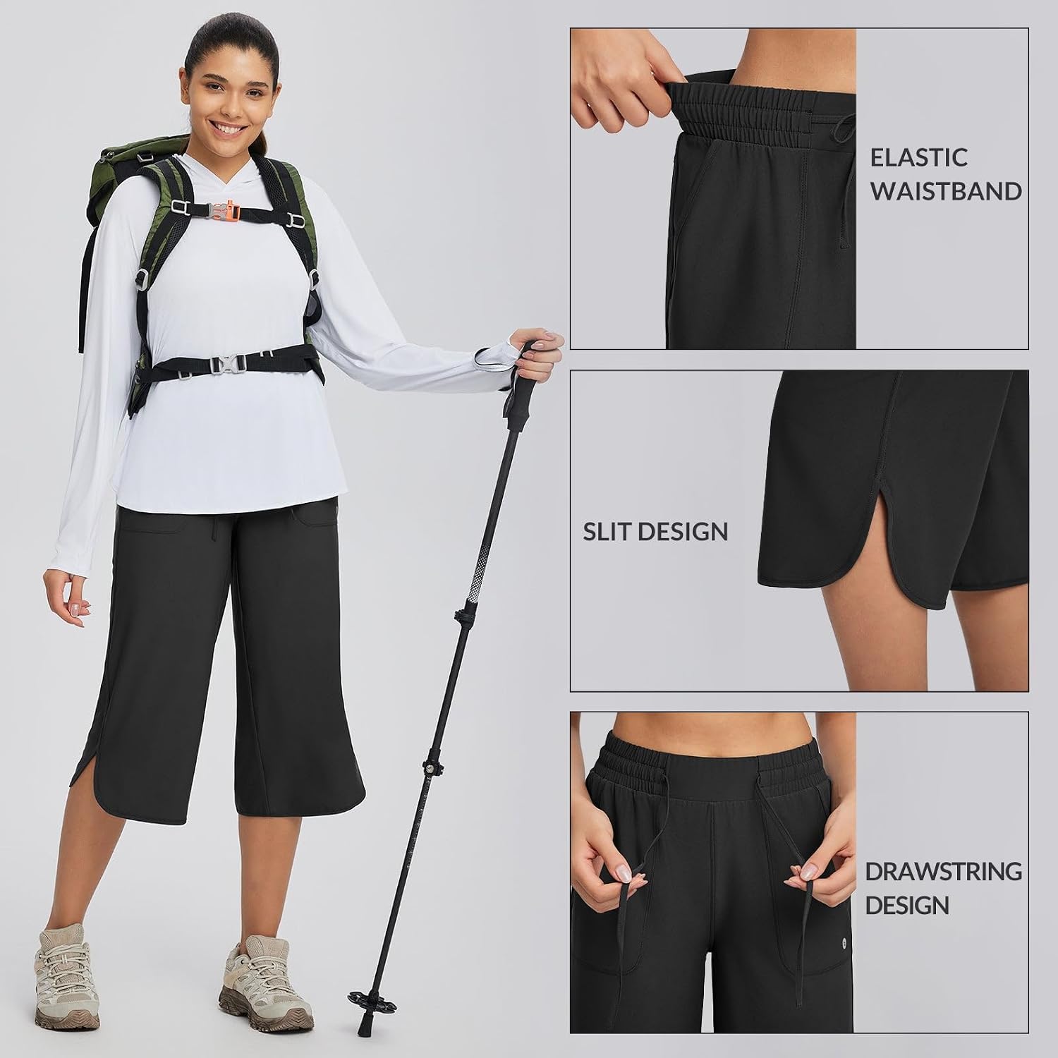 Detalle de Baleaf Women's Hiking Capri Pants UPF 50+ | Quick Dry, 4-Way Stretch Wide Leg Capris