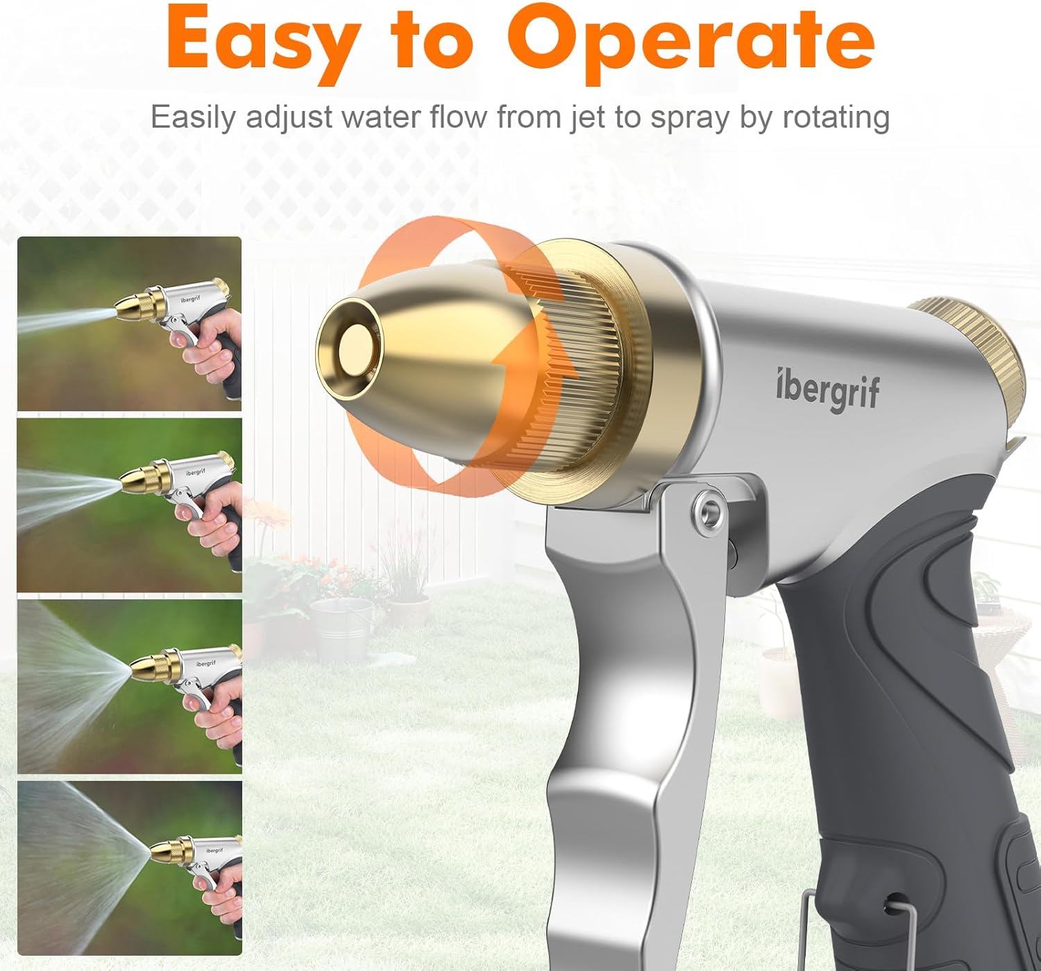 Thumbnail 2 de Ibergrif metal hose pipe spray gun with brass nozzle, 4 patterns and water flow control (grey)