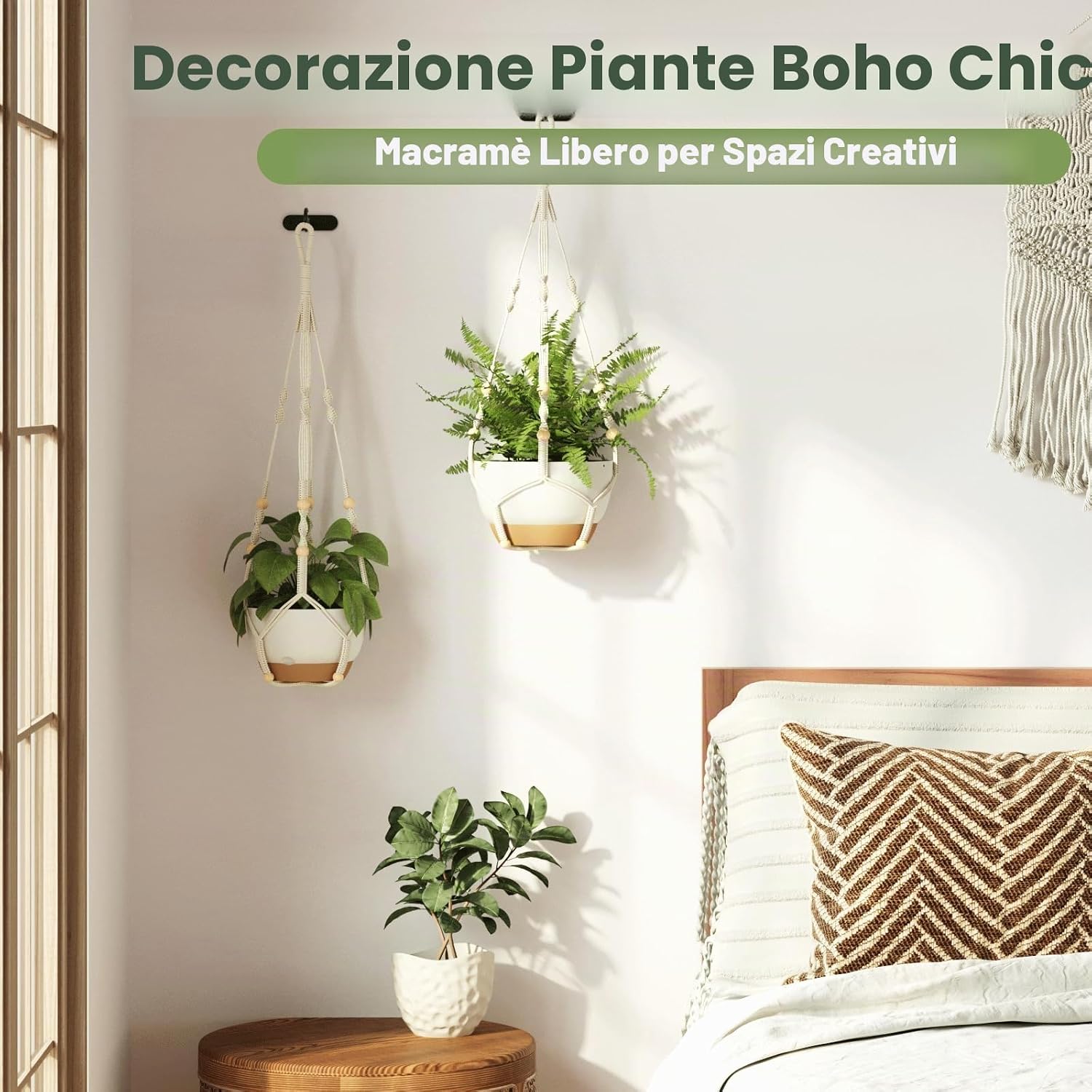Detalle 2 de Bamworld Vasi Appesi e Portavasi per Piante in Macramé Boho — Portapiante Sospeso con Corda di Cotone, 85 cm