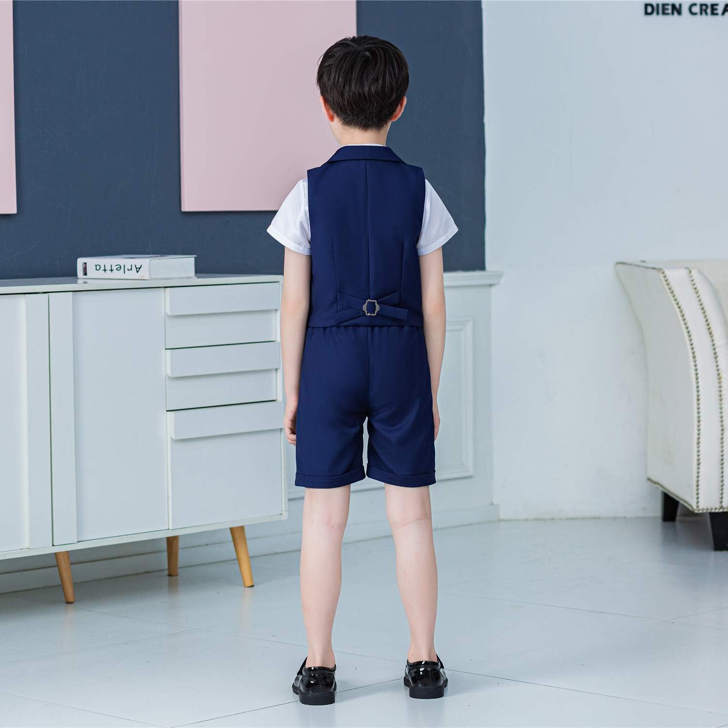 Detalle de LOLANTA 4-teiliges Kinder Freizeit Anzug Set – Jungen Sommer Hochzeitsanzug mit Hemd, Fliege, Weste und Shorts