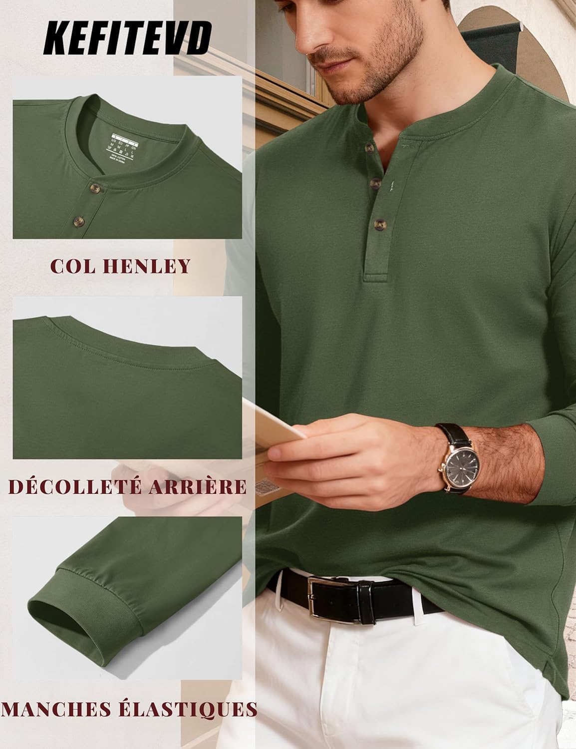 Thumbnail 3 de T-shirt homme Henley manches longues en coton à 3 boutons KEFITEVD