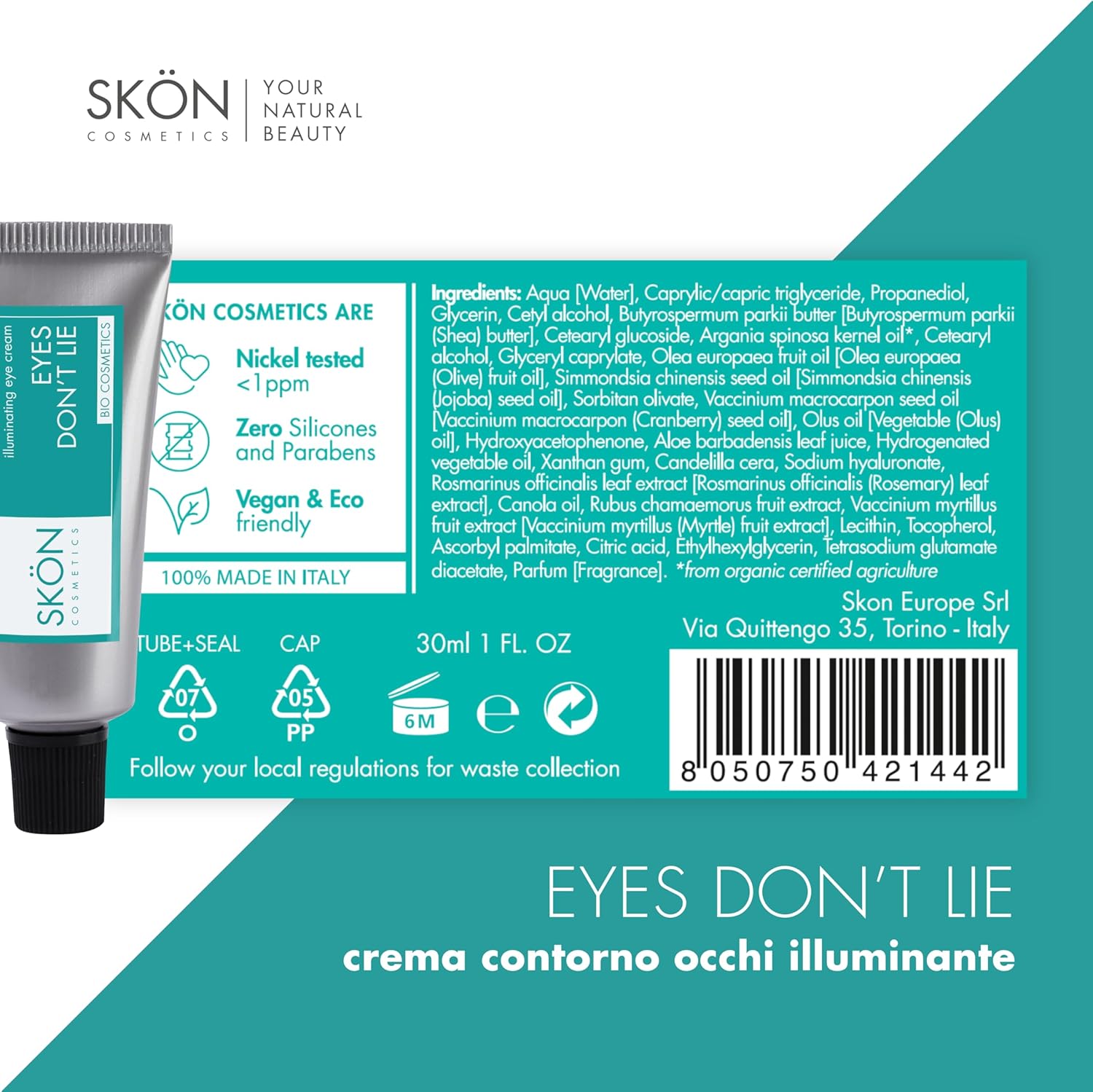 Detalle de Eyes Don't Lie: Crema Contorno Occhi Illuminante con Vitamina C, Acido Ialuronico e Olio di Argan (30 ml)