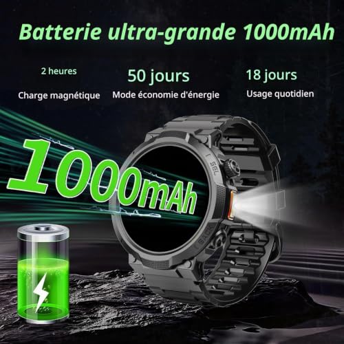 Detalle de Soudorv Montre Connectée Homme avec LED Lampe — Militaire, 1000 mAh, Noir