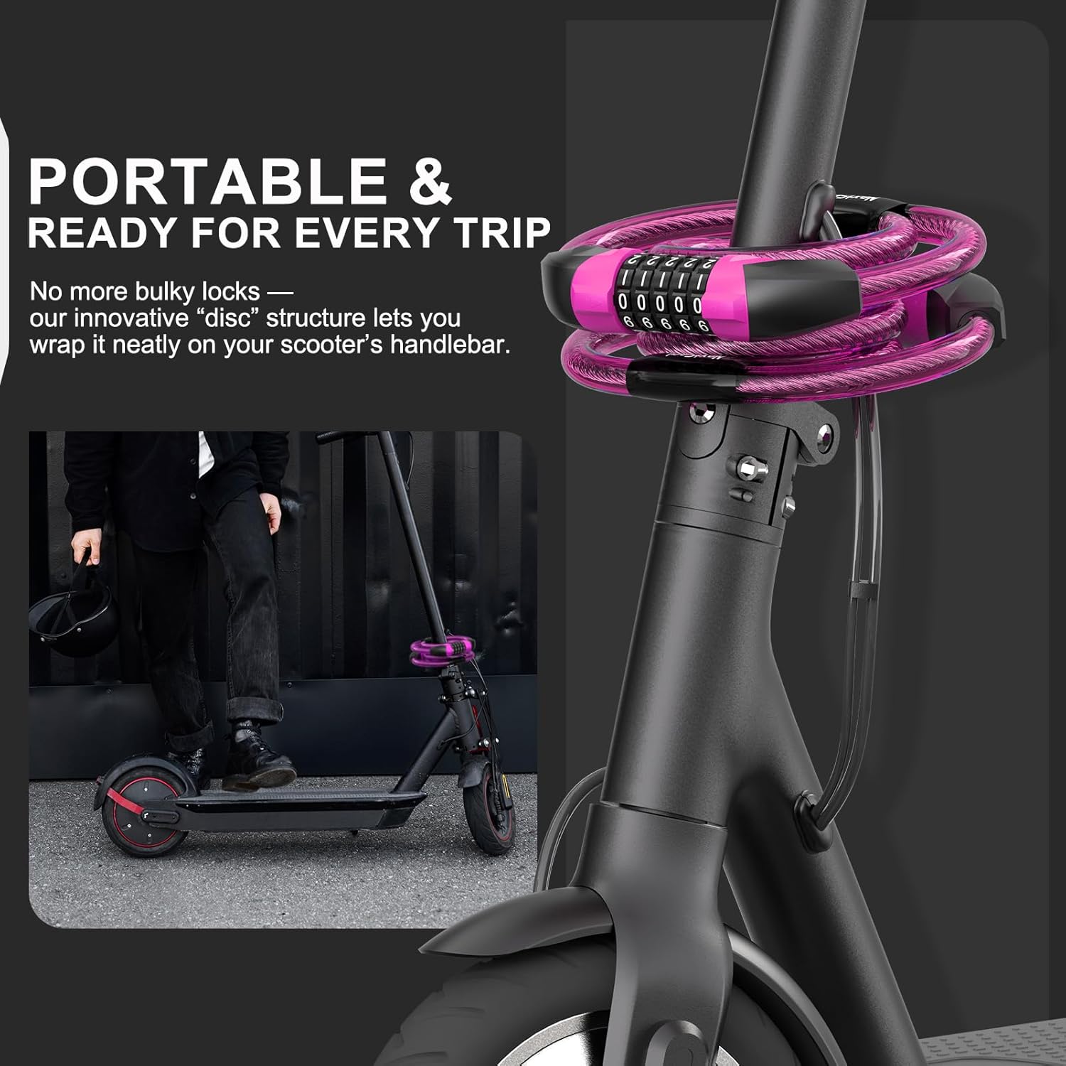 Thumbnail 2 de NextSeal E-Scooter Schloss mit Doppel-Zahlenschloss, 5-stelligem Code und 12-mm-Kabel (105 cm)