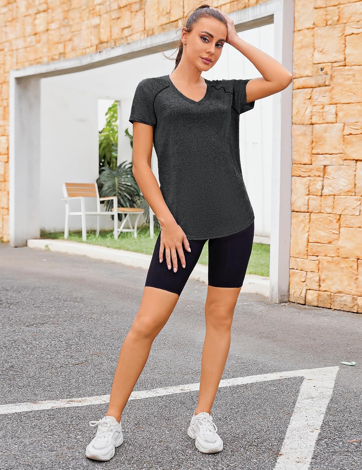 Detalle de Wayleb Damen Sportshirt Kurzarm mit V-Ausschnitt – atmungsaktives Mesh-Back Lauf- & Gym-Shirt (S–XXL)