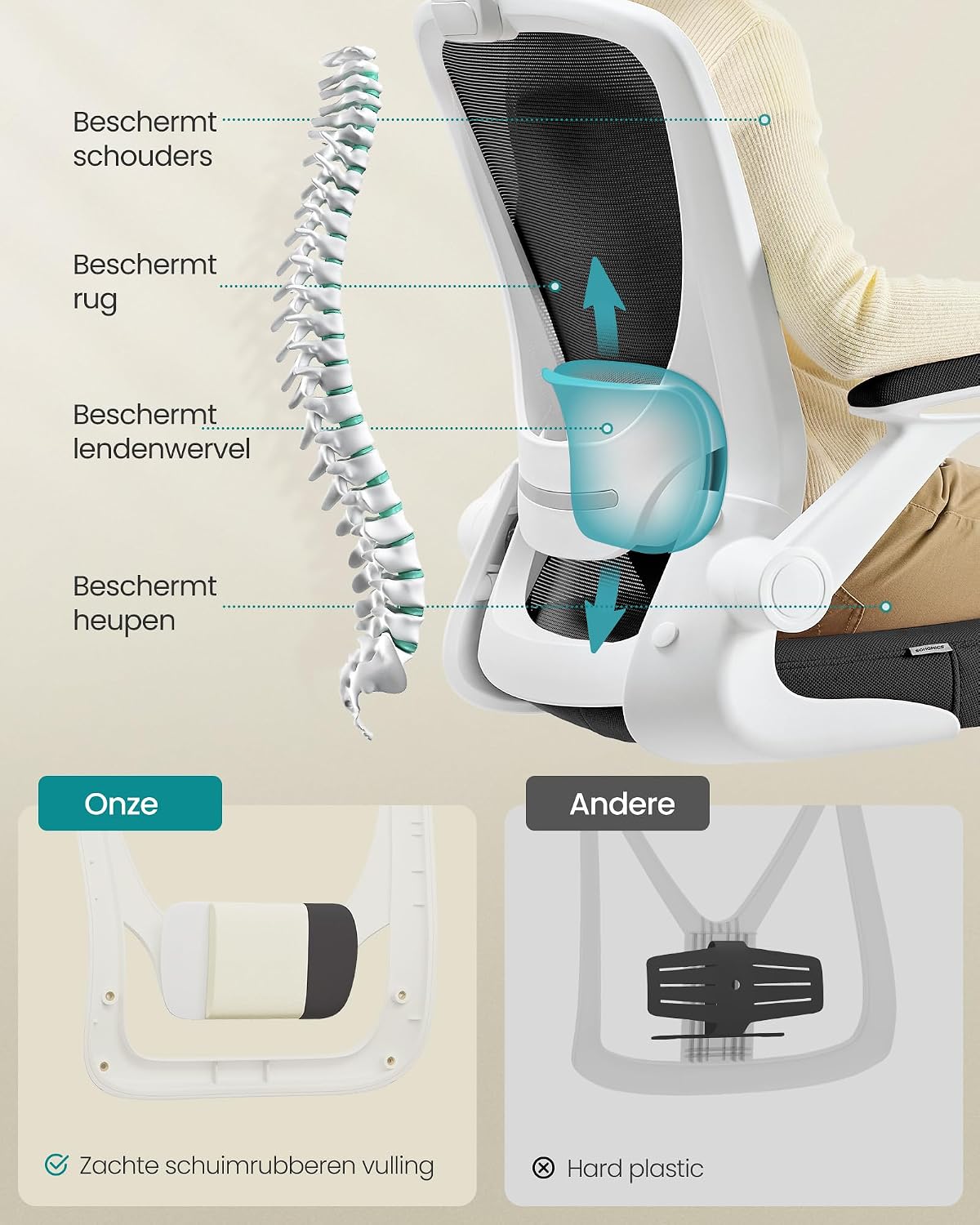 Detalle 1 de SONGMICS OBN37WT ergonomische bureaustoel met inklapbare armleuningen