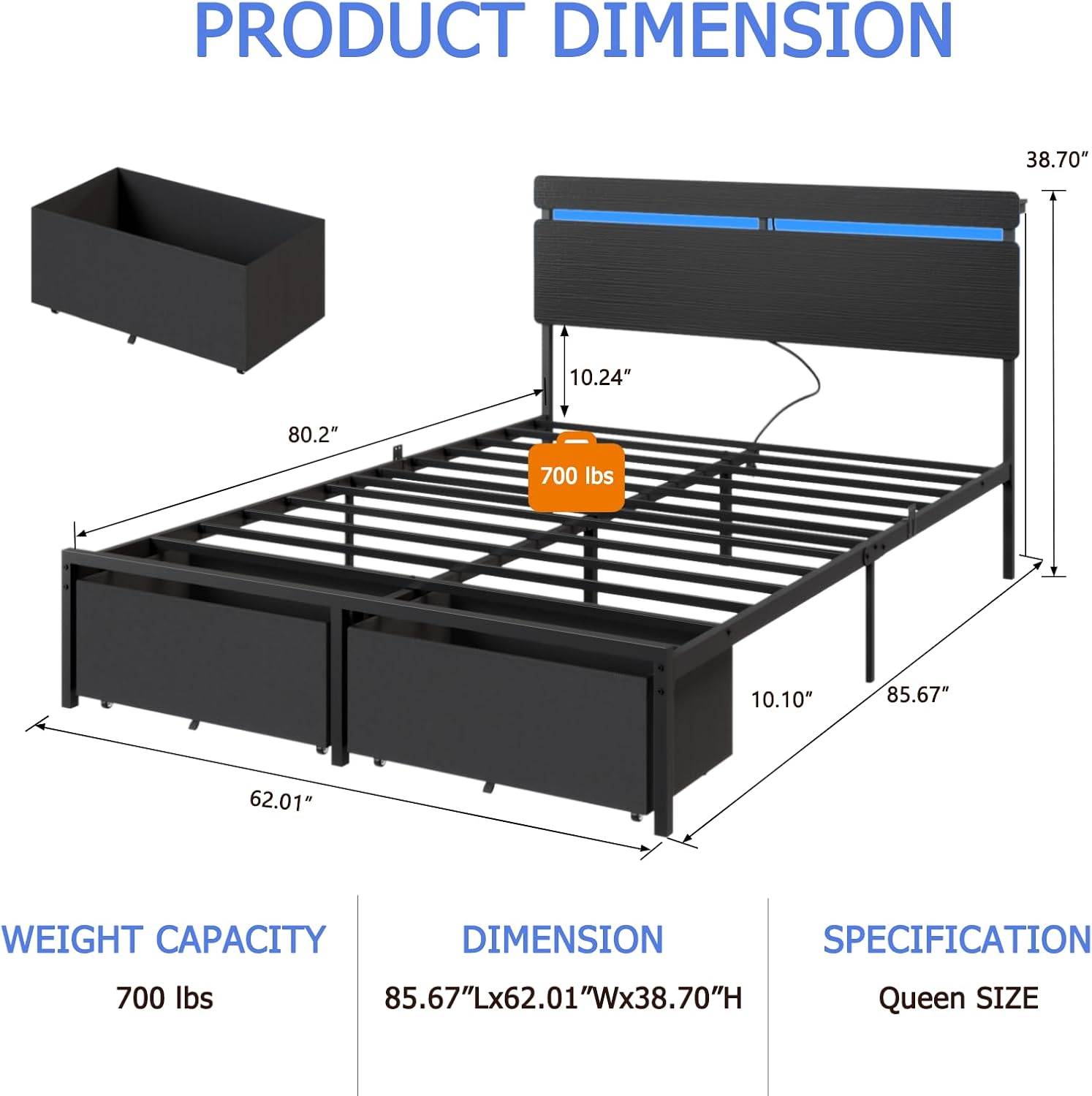 Thumbnail 1 de Forestell HK-BF-028-CLD-Q-1-B Queen Platform Bed with RGB Lights and Drawers