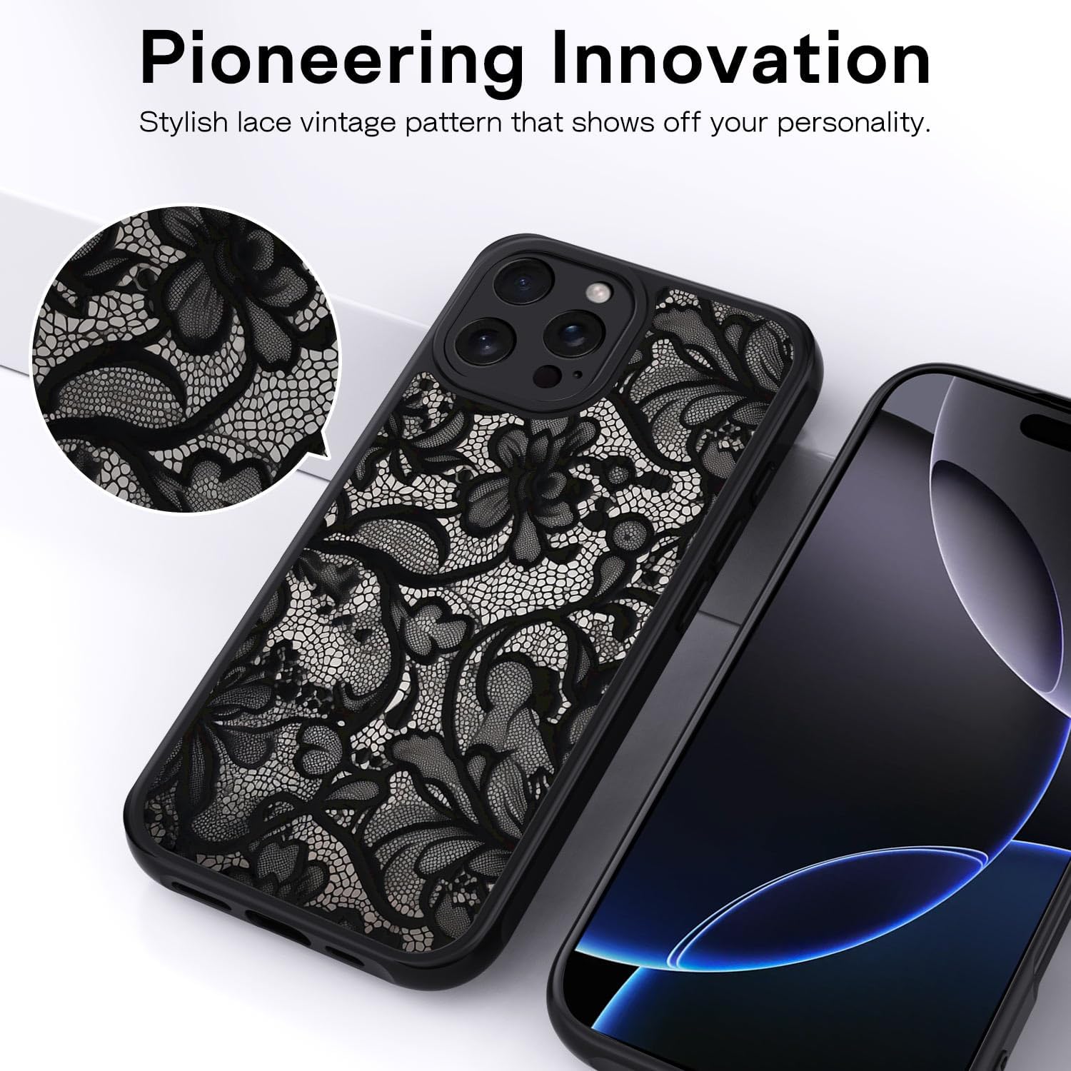 Detalle de XTCASE Cover per iPhone 16 Pro – Custodia Aesthetic Vintage Pizzo, Ultra Sottile e Antiurto