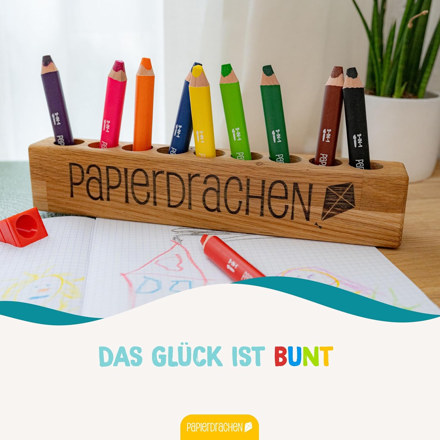 Detalle de Papierdrachen 3-in-1 Buntstifte mit Anspitzer – 10 Stifte, wasservermalbar, für Kita & Schule