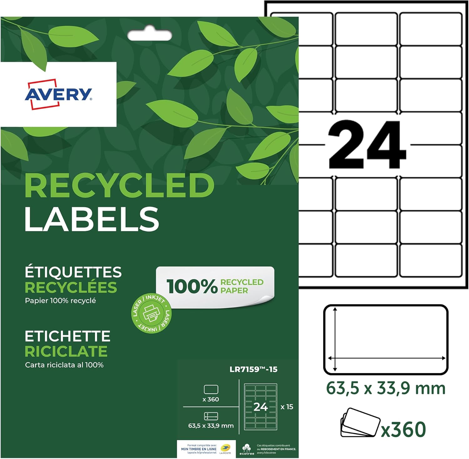 Thumbnail 6 de Étiquettes autocollantes blanches Avery J8160-15, 315 pièces – format 63,5 x 38,1 mm, feuille A4