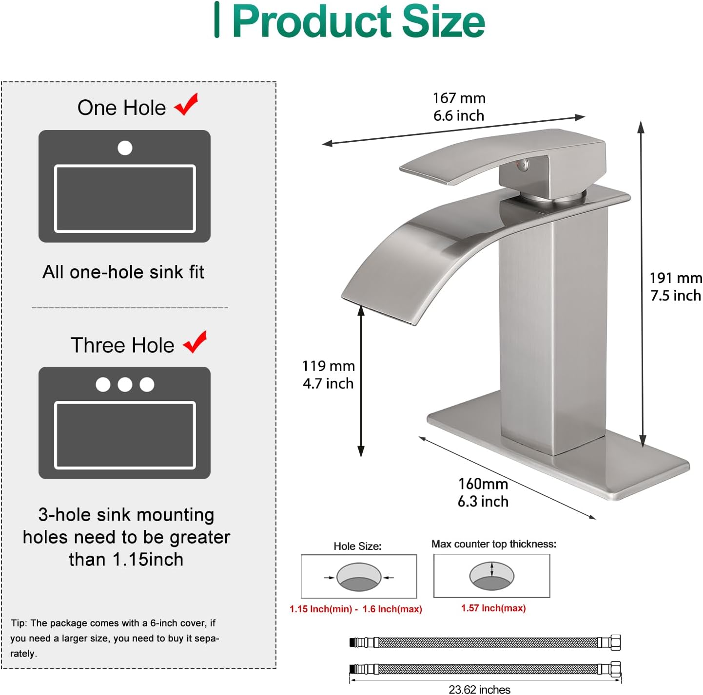 Detalle de VOTON V-1527L Waterfall Bathroom Faucet, Brushed Nickel, Single-Hole