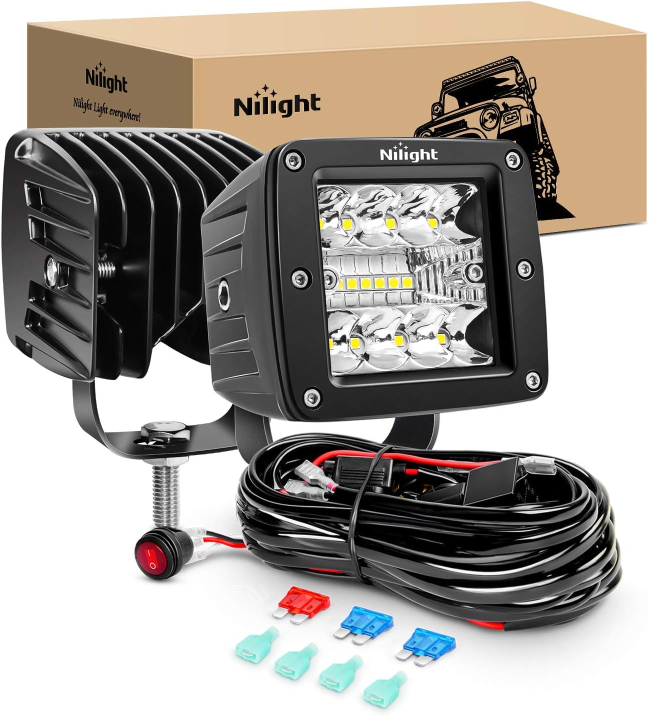 Detalle de Nilight 2PCS 3-Inch 42W LED Pod Cubes Upgraded Spot/Flood Combo Beam (IP67) with 12 ft Wiring Harness Kit