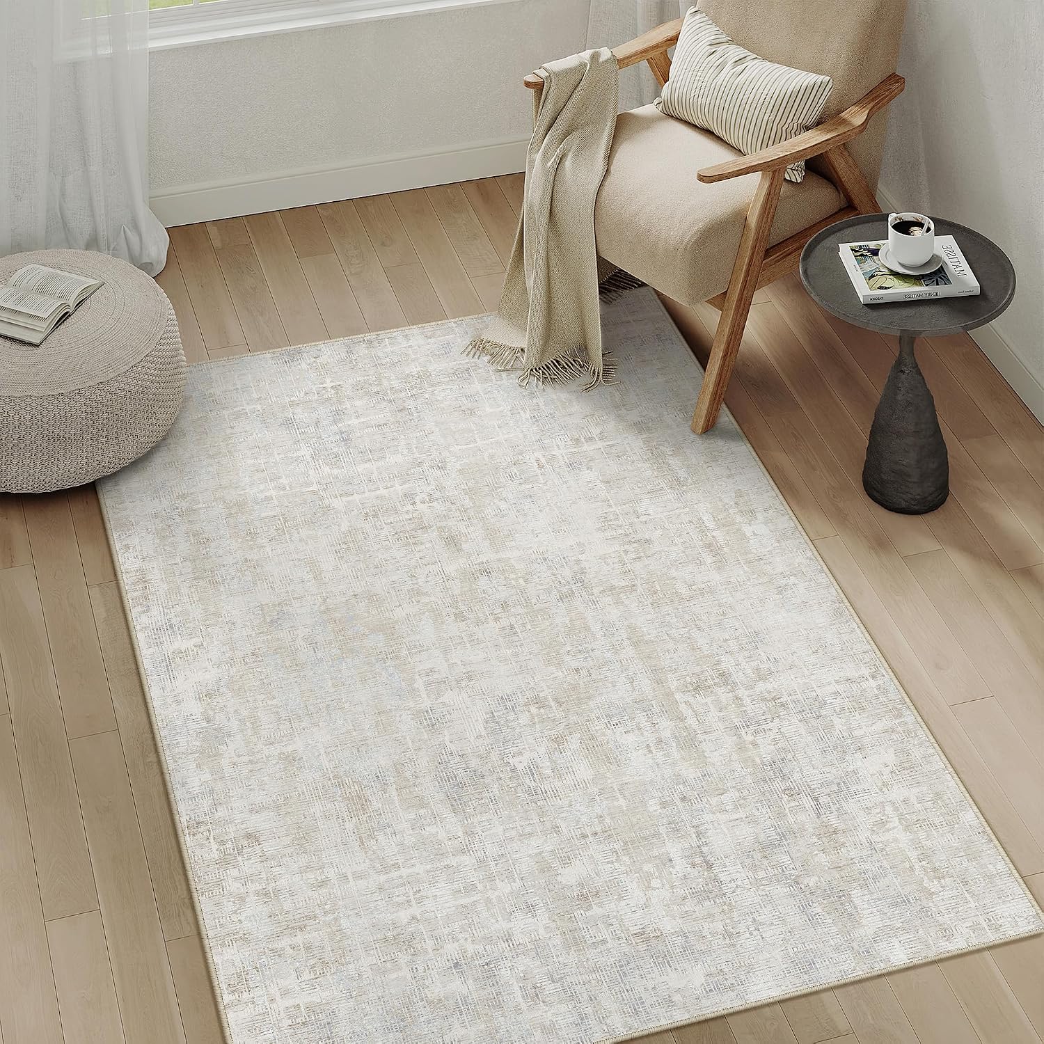 Detalle de PureCozy Beige/Grau Kurzflor Teppich 140x200 – waschbar, rutschfest und pflegeleicht für Wohnzimmer & Co.