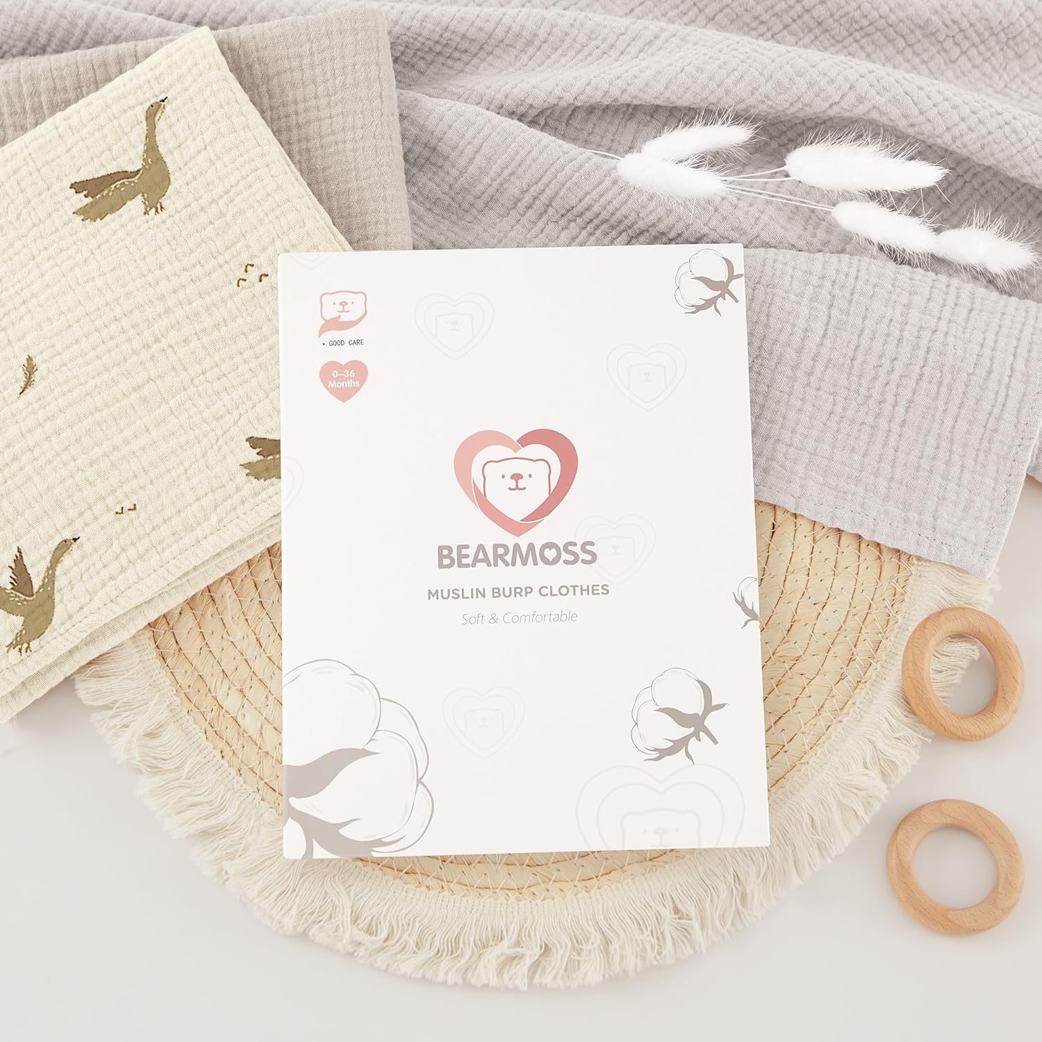 Thumbnail 6 de Bearmoss Moltontücher Baby aus 100% Baumwolle, 4er Set Musselin-Spucktücher 60x60 cm (Aprikosenblüten)