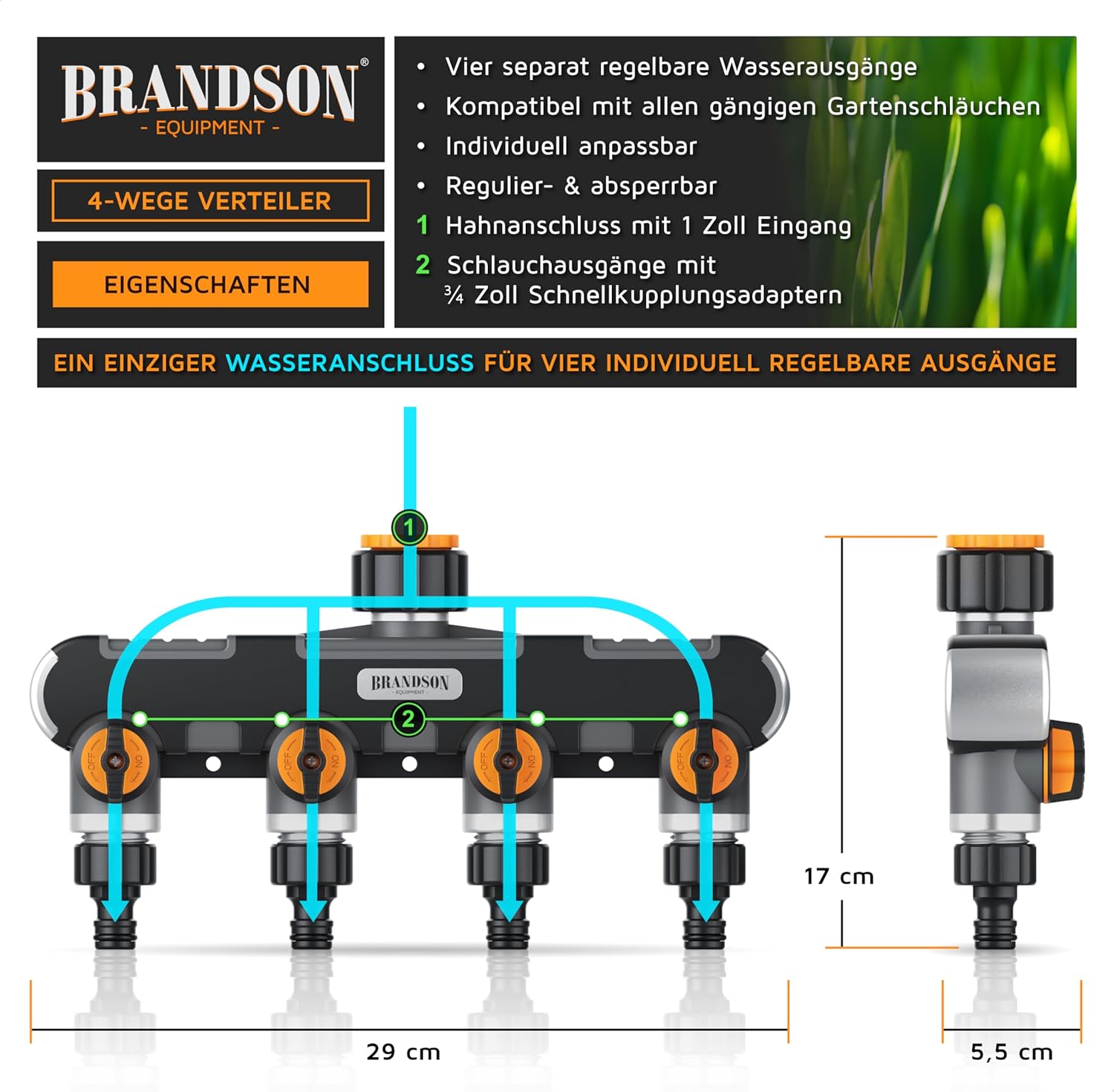 Thumbnail 1 de Brandson 4-Wege-Verteiler Gartenventil – 1 Eingang, 4 Ausgänge, stufenlos regelbar, robustes Metallgewinde