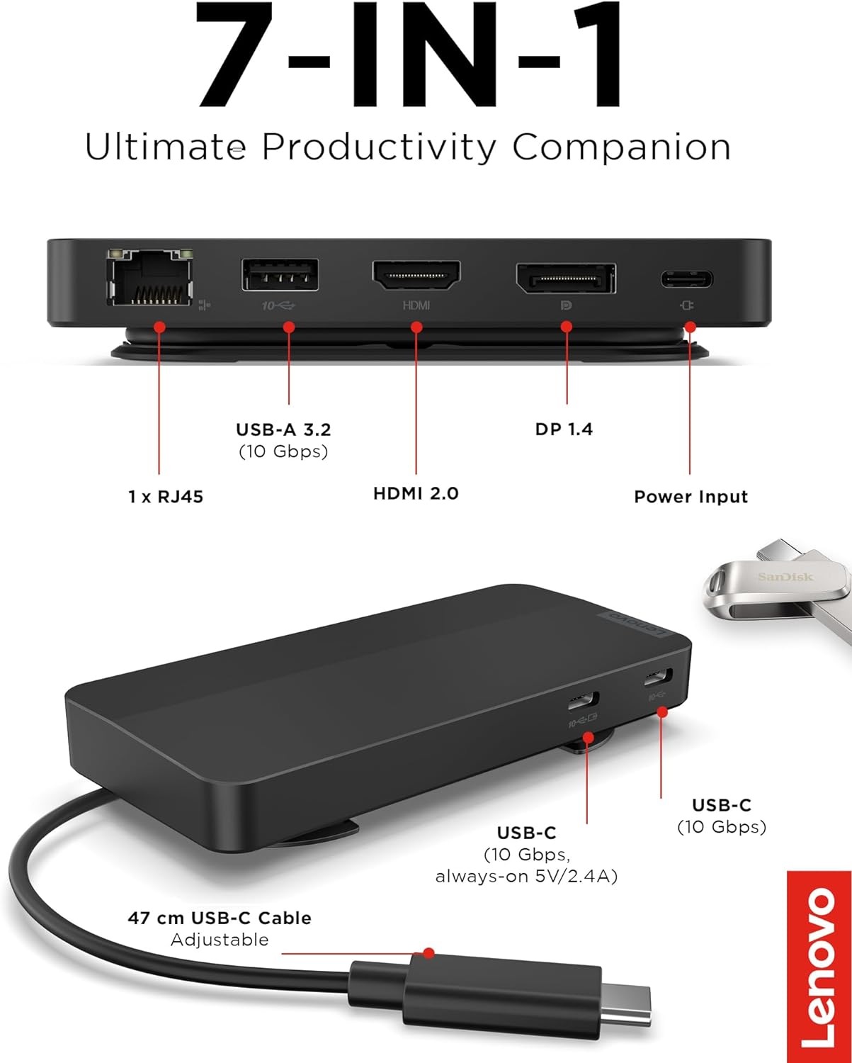 Thumbnail 6 de Lenovo USB-C Dual Display Travel Dock - 7 Ports, Integrated Cable, 4K Dual Display Capable