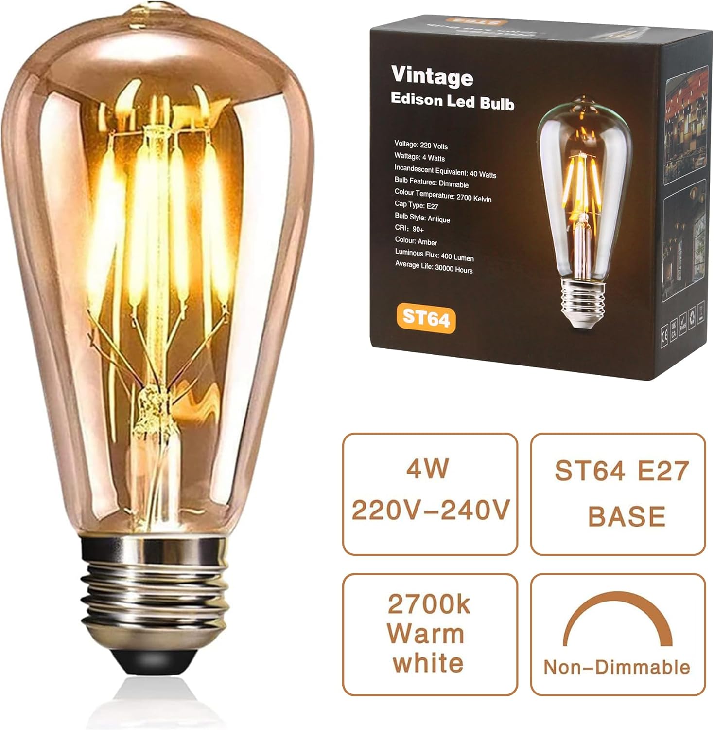 Thumbnail 1 de YOUDIAN LED Edison Bulb 4W E27 2700K ST64