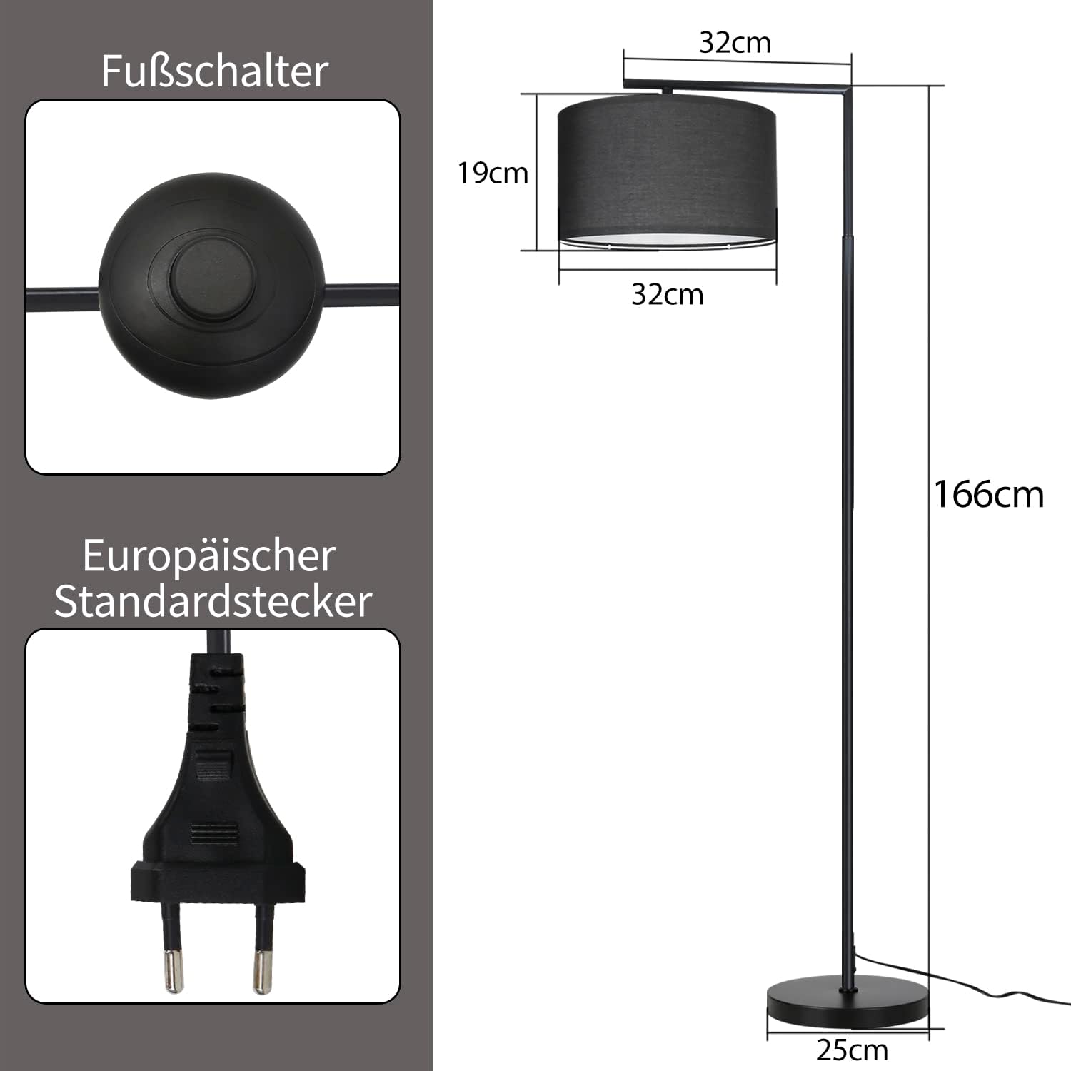 Detalle 2 de ZMH G80-SR-C – czarna lampa podłogowa E27 z abażurem i włącznikiem nożnym