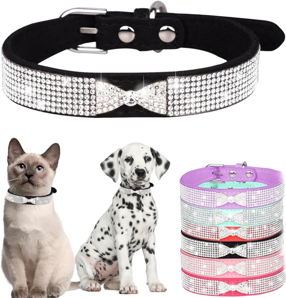 Detalle de Hotlion Rhinestone Dog Collar Bling Diamond Bowtie – Adjustable Velvet Collar (Dark Black, M)