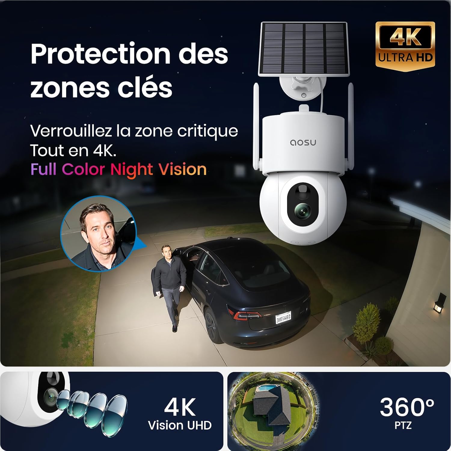 Thumbnail 1 de Aosu Caméra Surveillance WiFi Extérieure Sans Fil 4K 8MP avec Panneau Solaire – PTZ 360°, Détection PIR et Vision Nocturne en Couleur