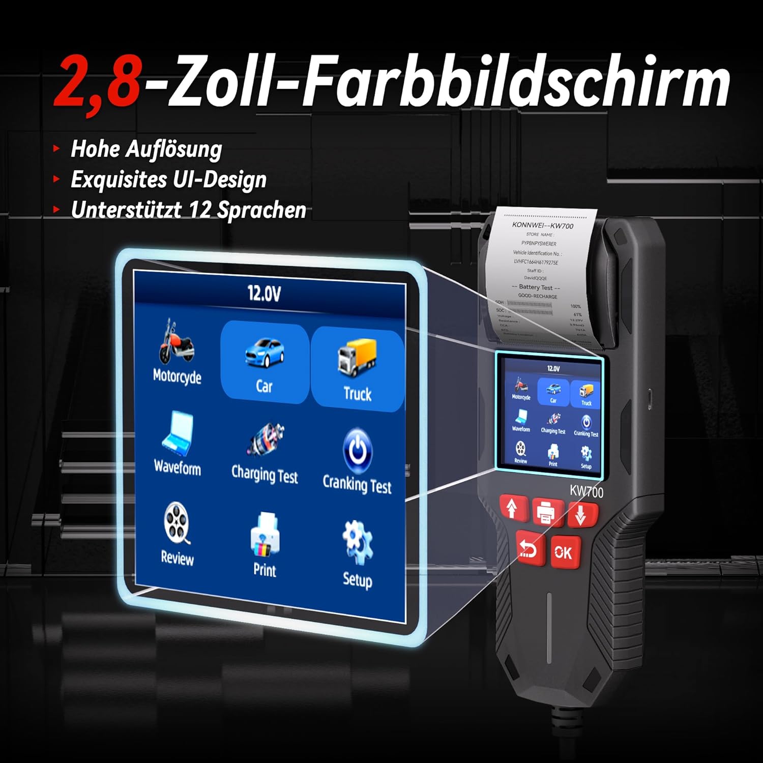 Thumbnail 6 de KONNWEI KW700 Autobatterietester mit Drucker für 12 V/24 V (Anlass- und Ladetest, 10–2000 CCA)