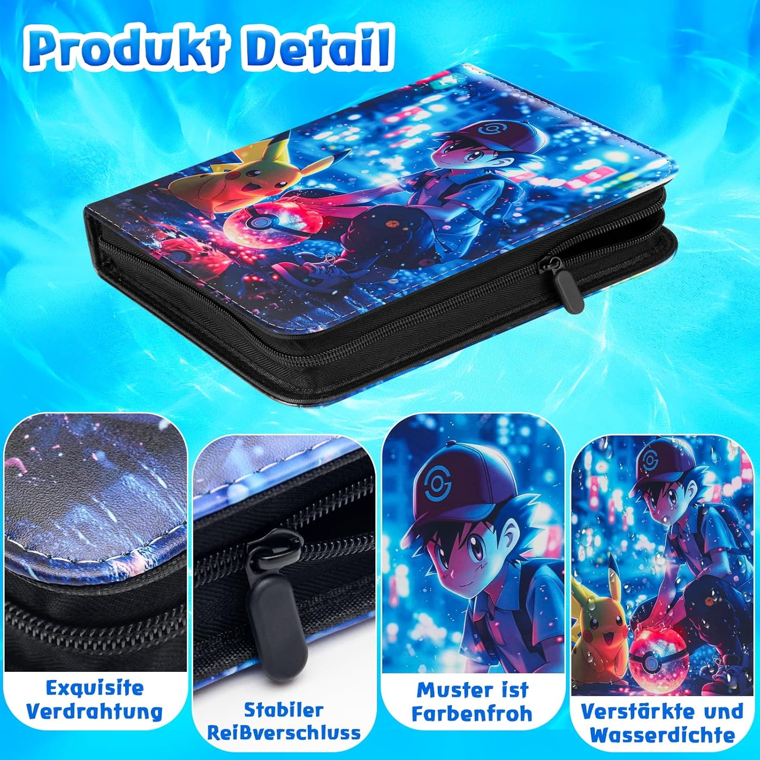 Detalle de LYAILOOGXL Pokémon Sammelalbum 400 Karten – 50 Seiten, 4 Fächer, wasserdichtes PU-Leder