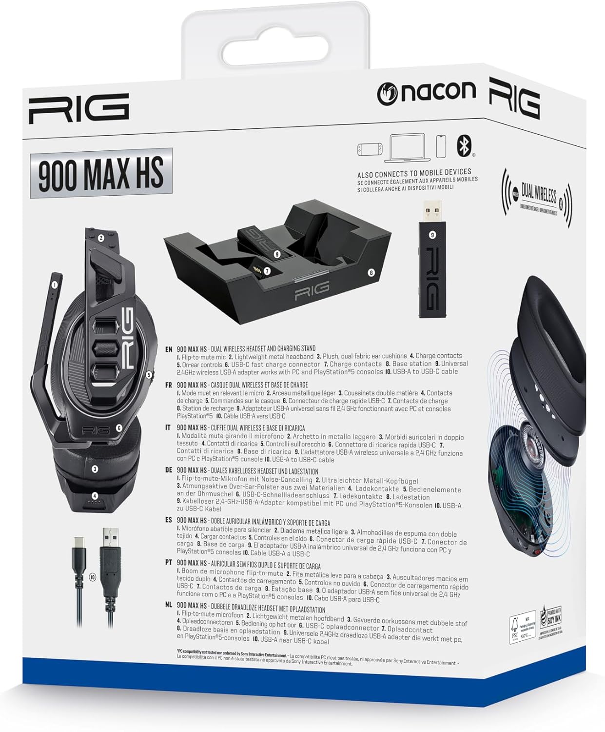 Thumbnail 2 de Casque gaming Bluetooth avec station de base 2,4 GHz basse latence – Compatible PlayStation 5 et PC (RIG900)