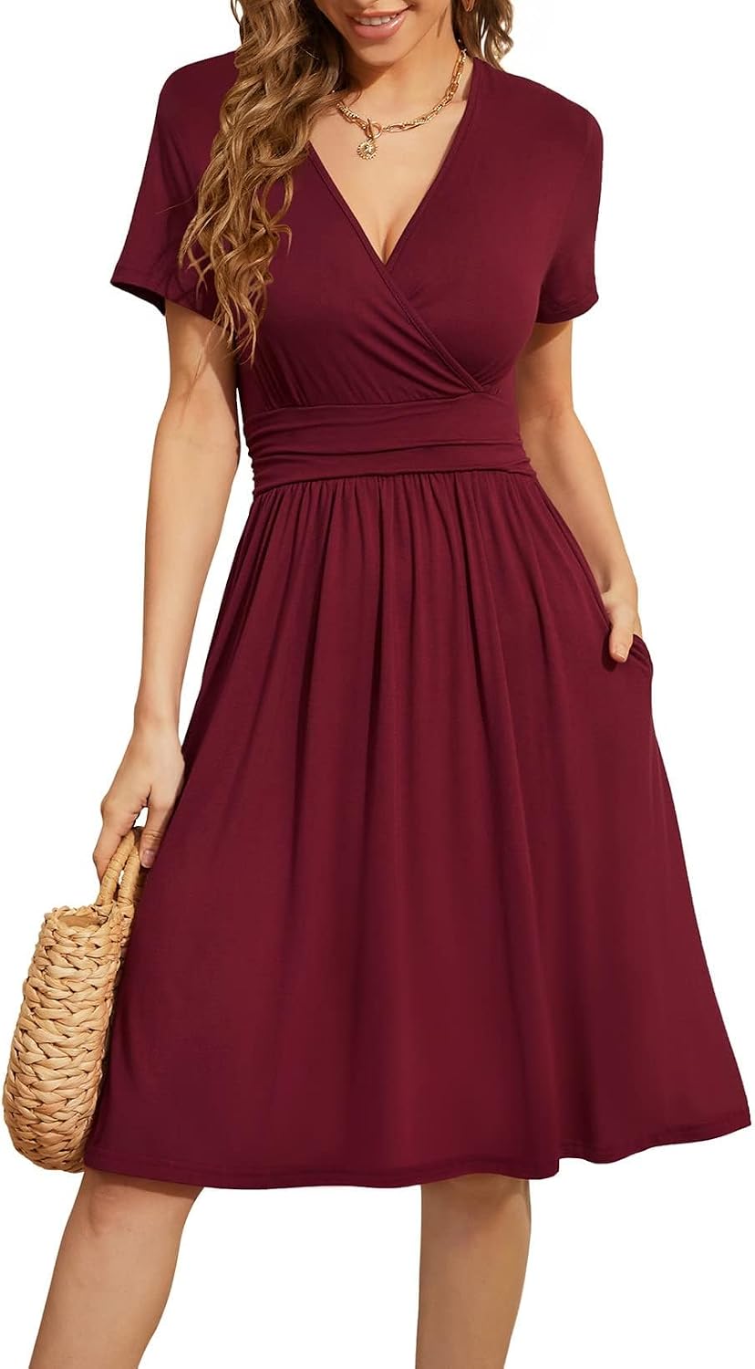 Actcat V-Ausschnitt Kleid mit Taschen – Kurzarm, knielang, Sommerkleid im femininen Blusenkleid-Stil